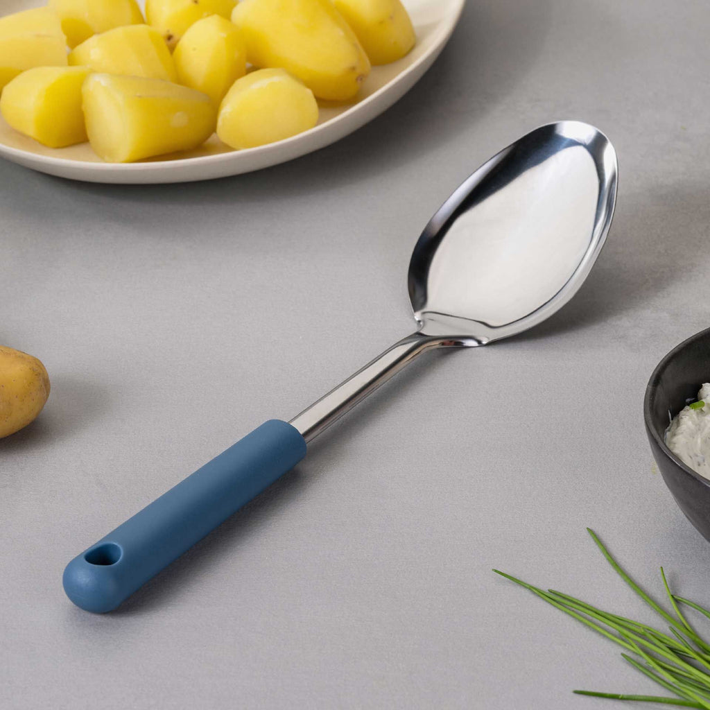 Serveringsskje rustfritt stål 31,5 cm blå Fackelmann bakside