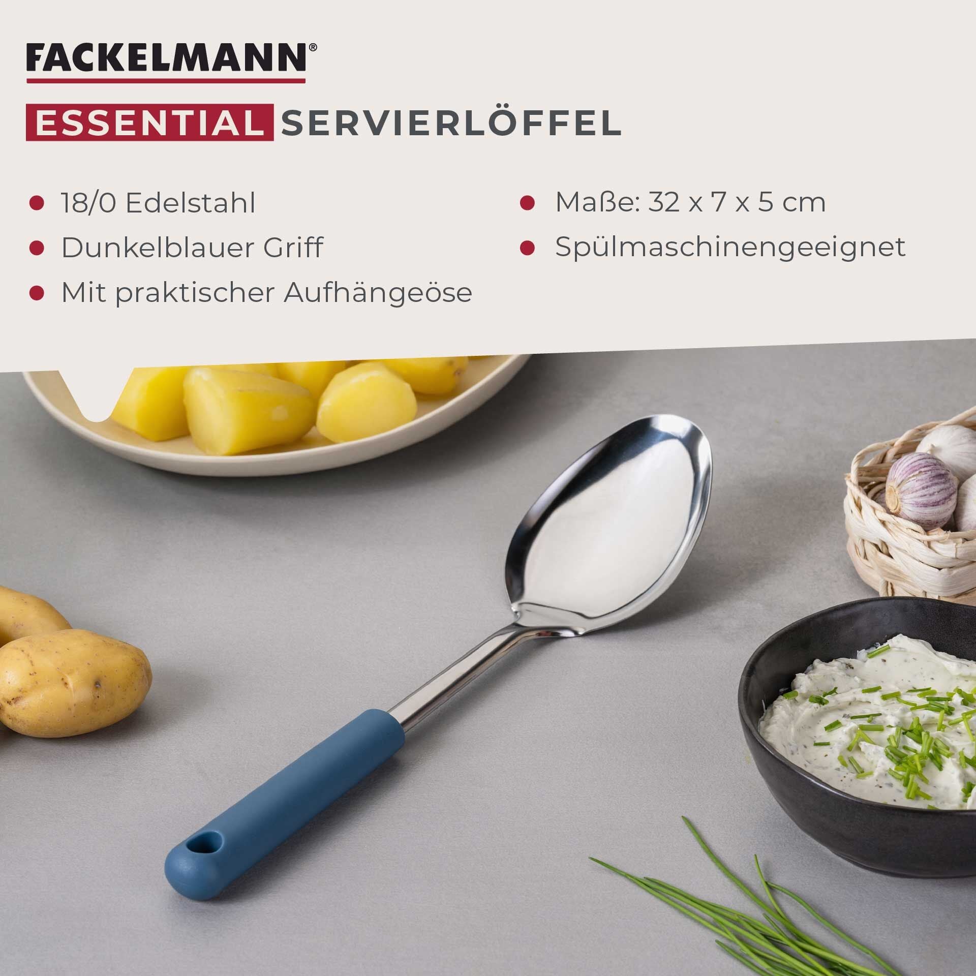 Nærbilde av skjeens rustfrie stål på Serveringsskje rustfritt stål 31,5 cm blå Fackelmann