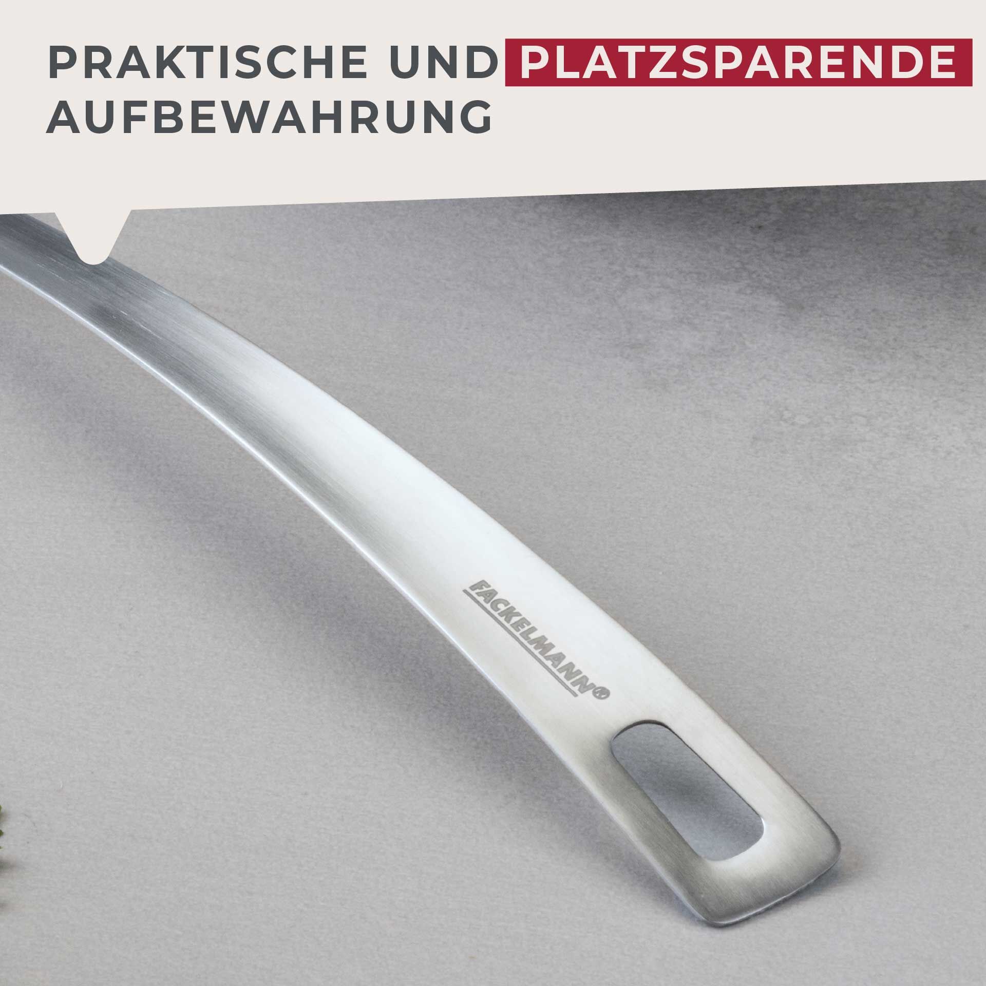 Nærbilde av opphengskrok på Serveringsskje rustfritt stål 33 cm