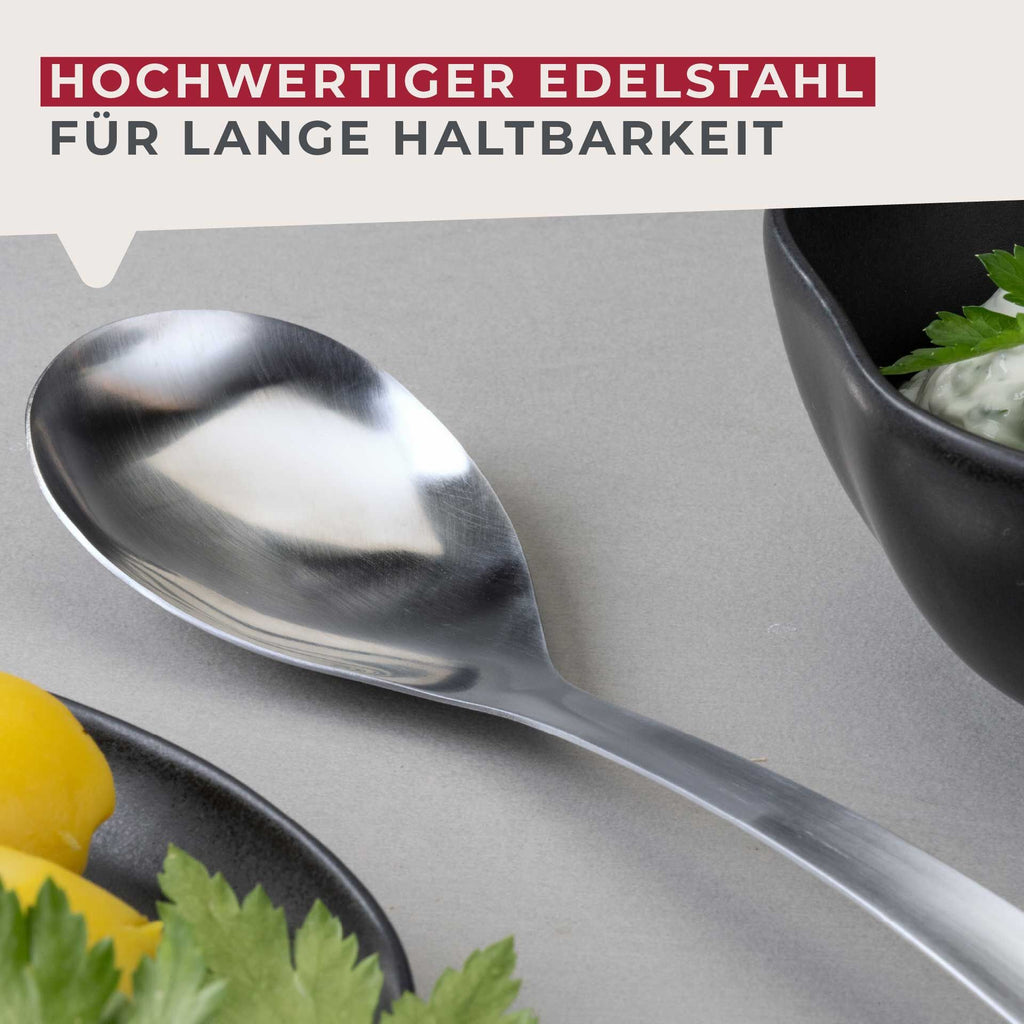 Oversiktsbilde av Serveringsskje rustfritt stål 33 cm med opphengskrok