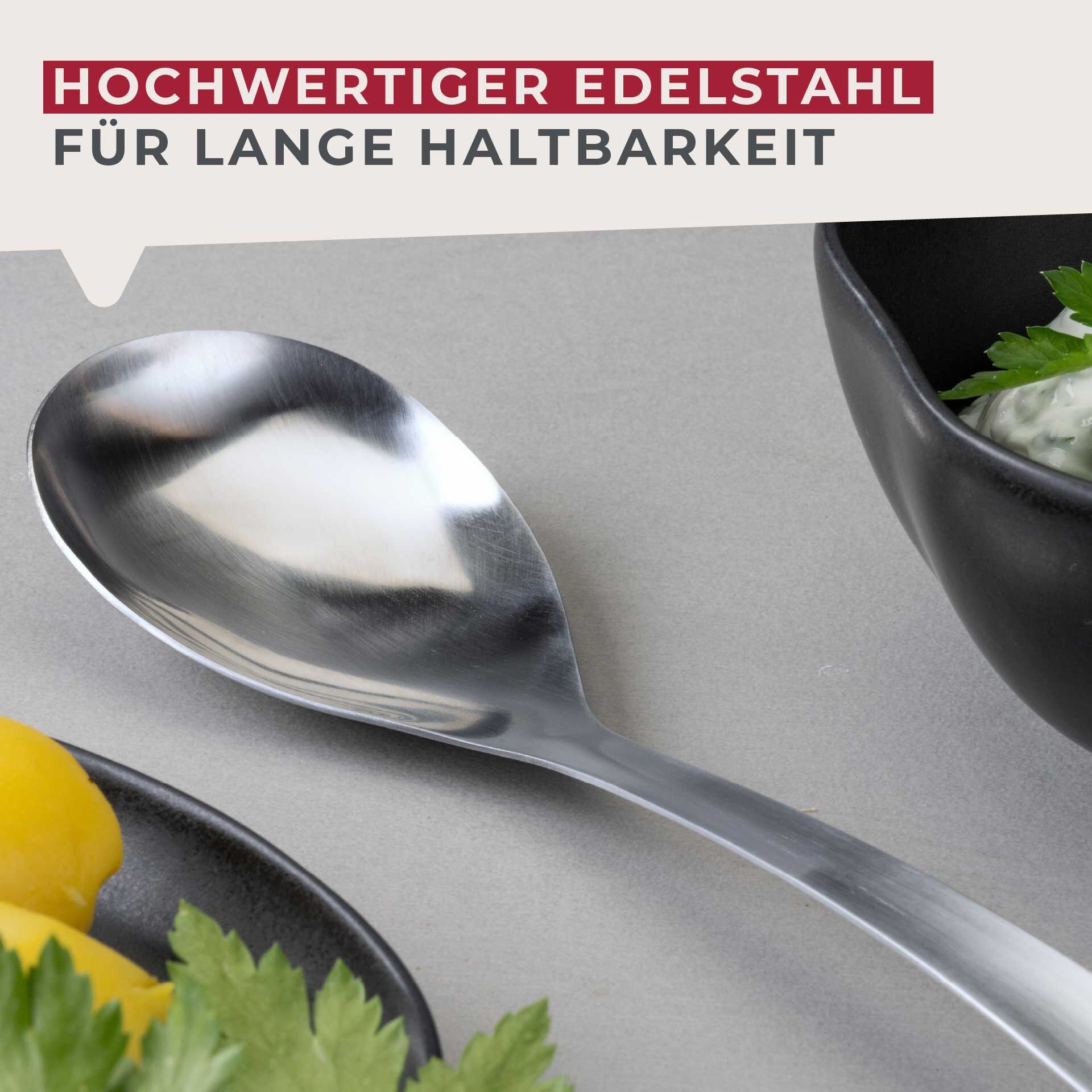 Oversiktsbilde av Serveringsskje rustfritt stål 33 cm med opphengskrok