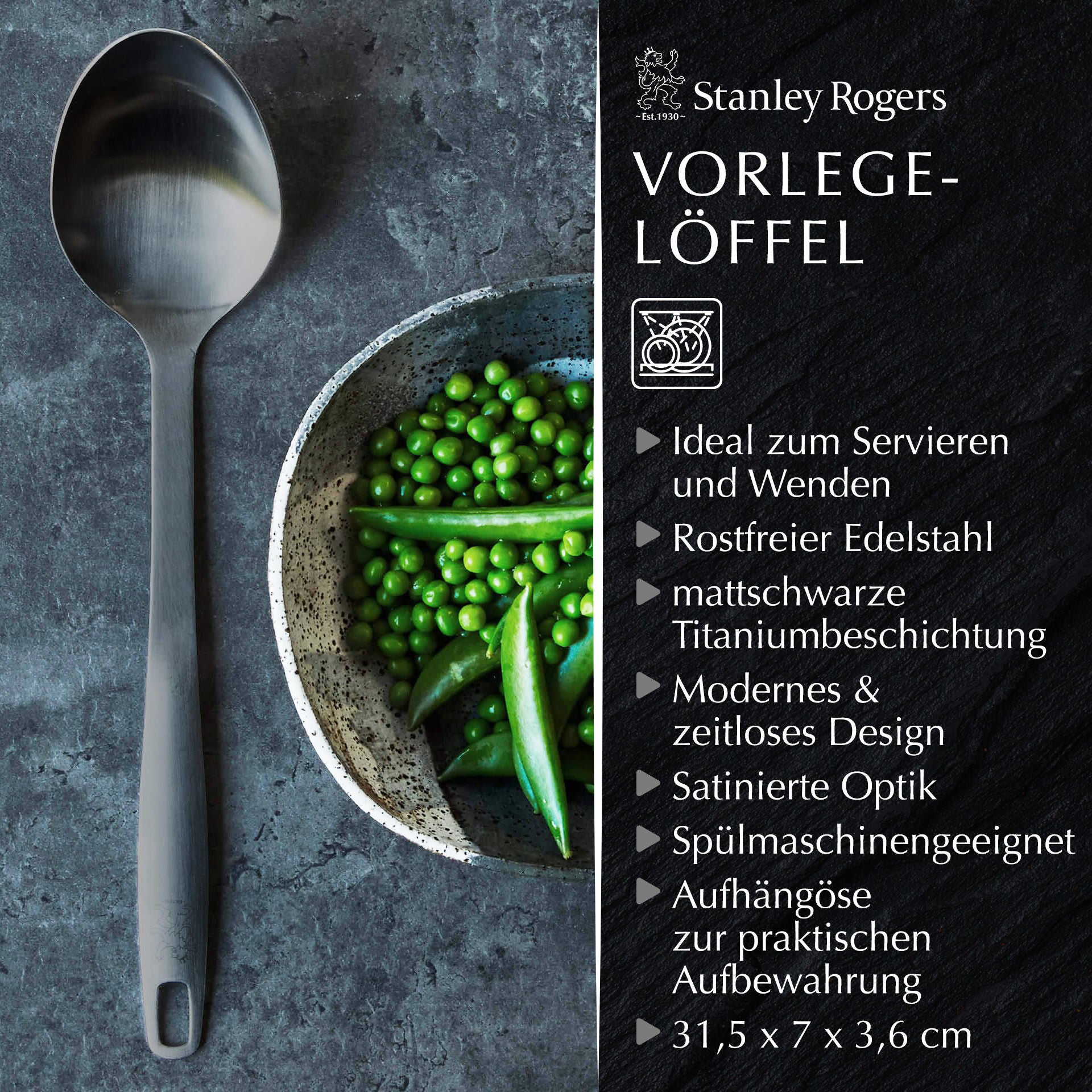 Serveringsskje svart rustfritt stål 31,5 cm - Stanley Rogers nærbilde av grep