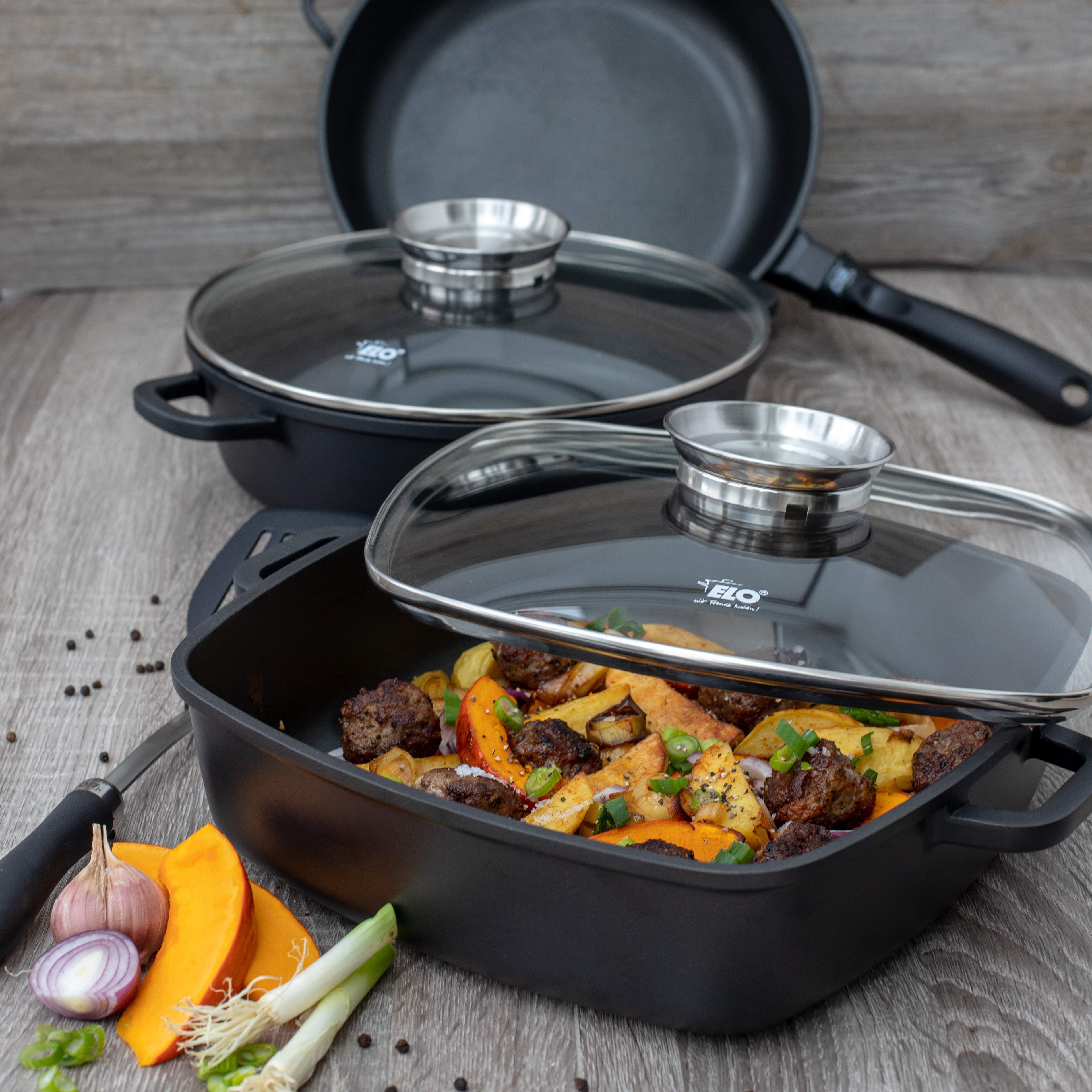 Servierpanne Alucast 28x28 cm med lokk non-stick bakside