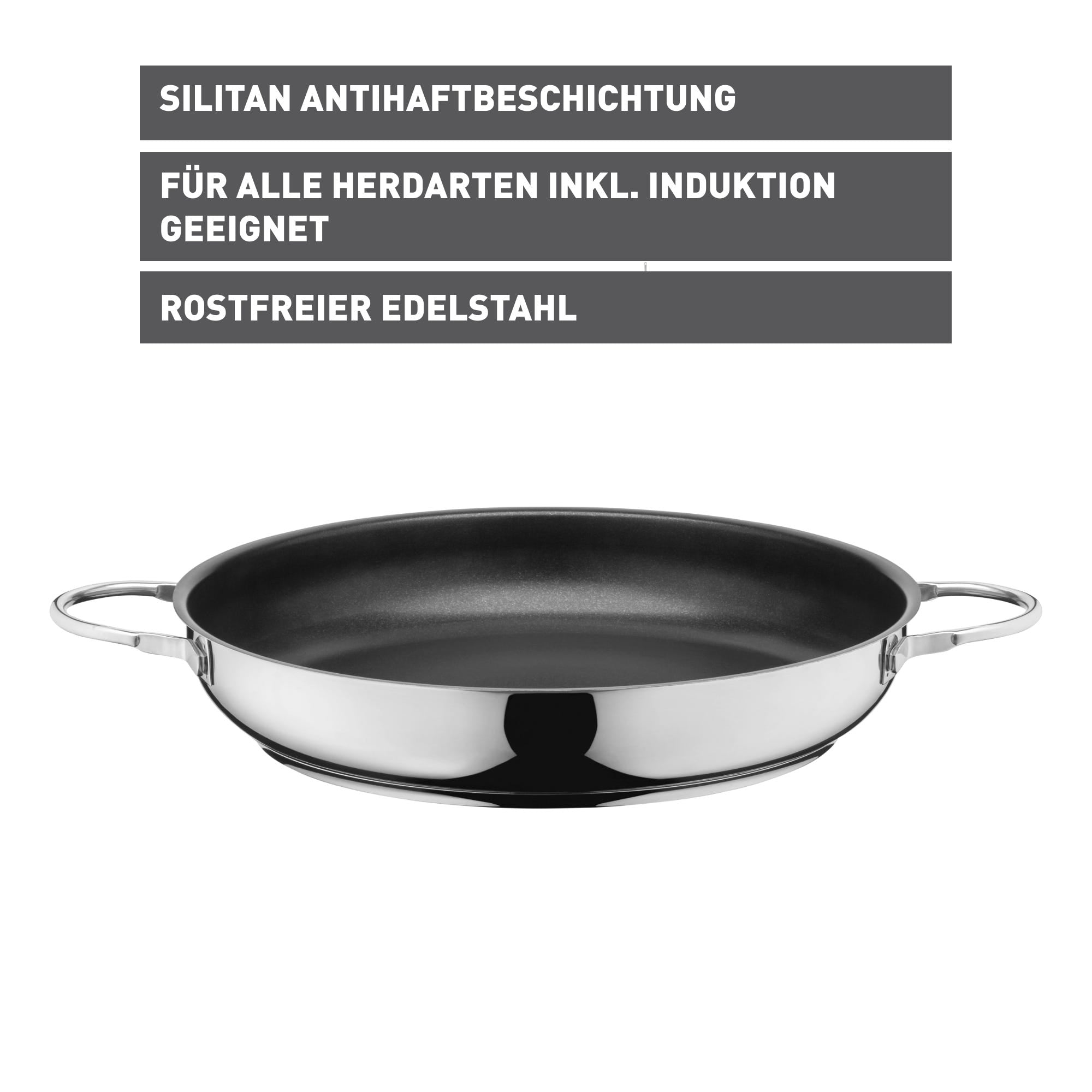 Nærbilde av håndtaket på Servierpanne Calabria 32 cm non-stick rustfritt stål