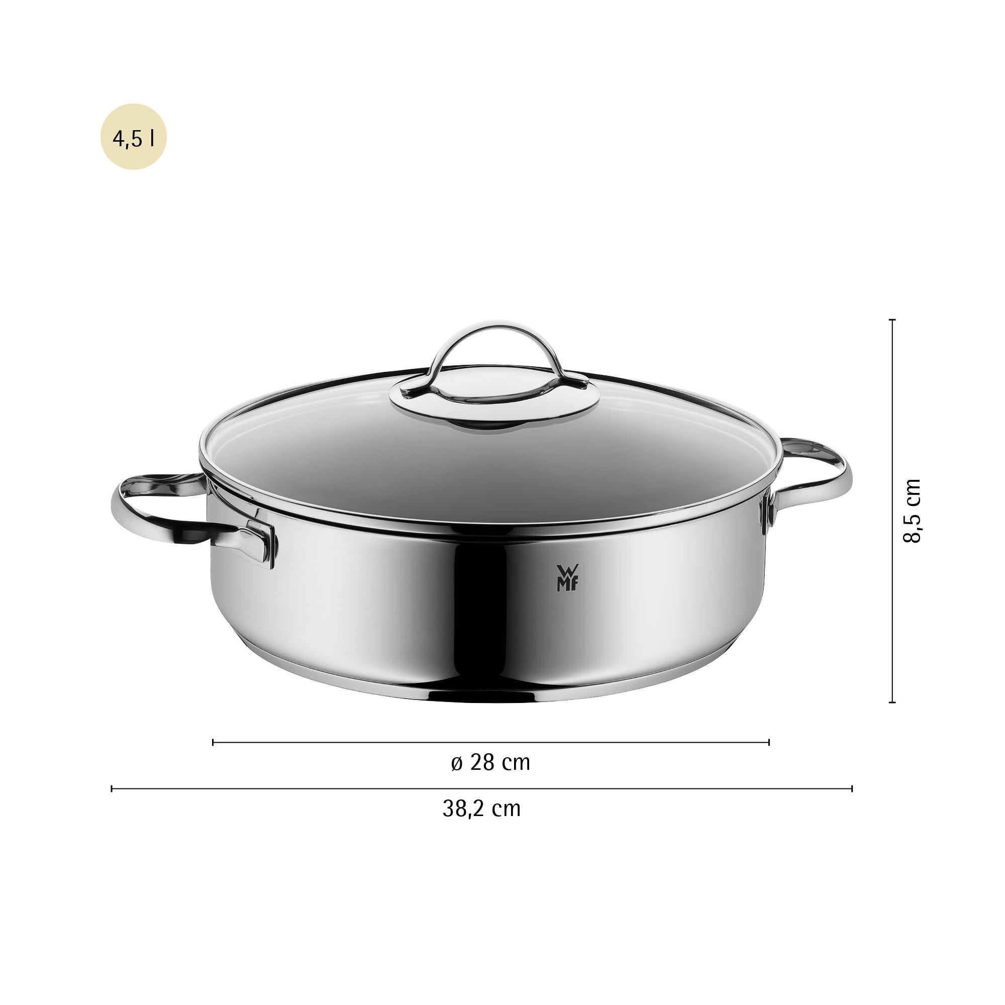 Servierpanne med glasslokk 28 cm non-stick karbonstål 5,2 L montert på komfyr