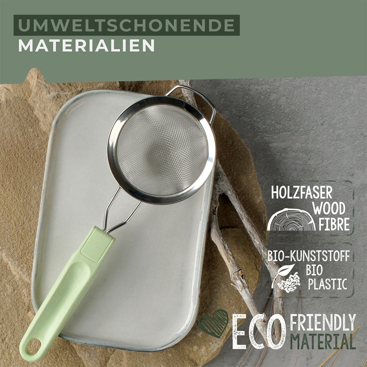 Sil Ø9 cm rustfritt stål med trehåndtak med naturlige materialer