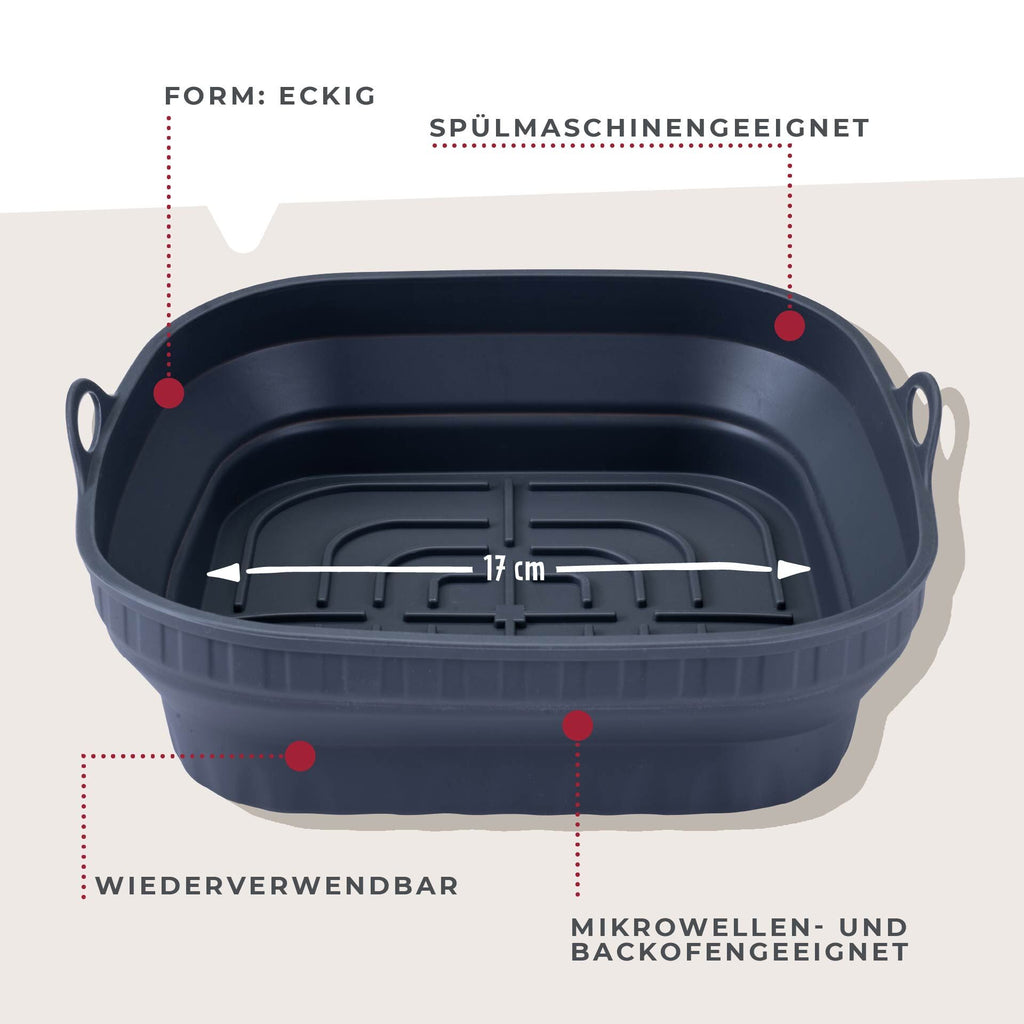 Sammenleggbar Silikonform for airfryer firkantet 17x17x6,5 cm i bruk