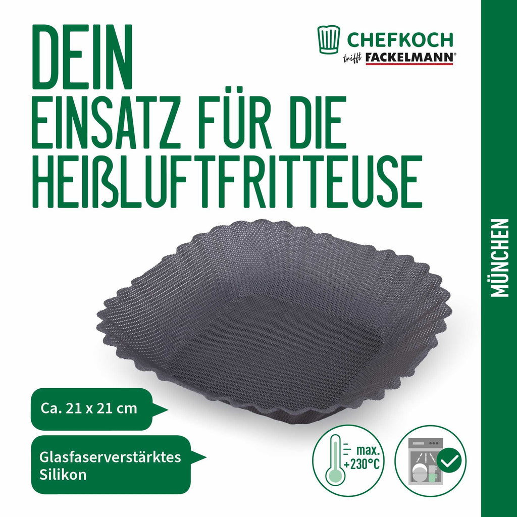 Silikonform for airfryer 21x21 cm non-stick grå i bruk i airfryer