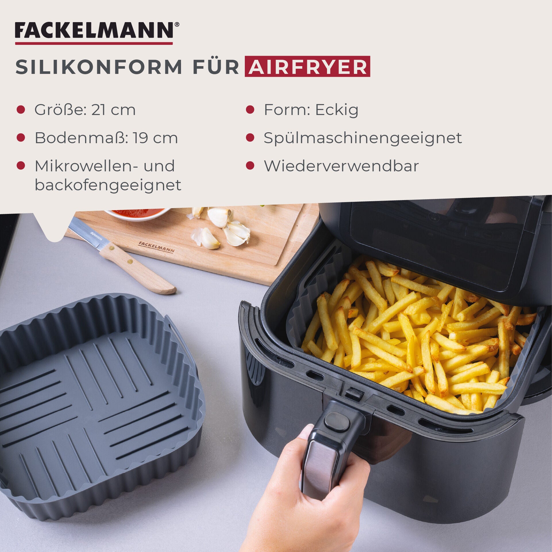 Nærbilde av silikonmateriale på Silikonform for airfryer firkantet 19x19x5 cm