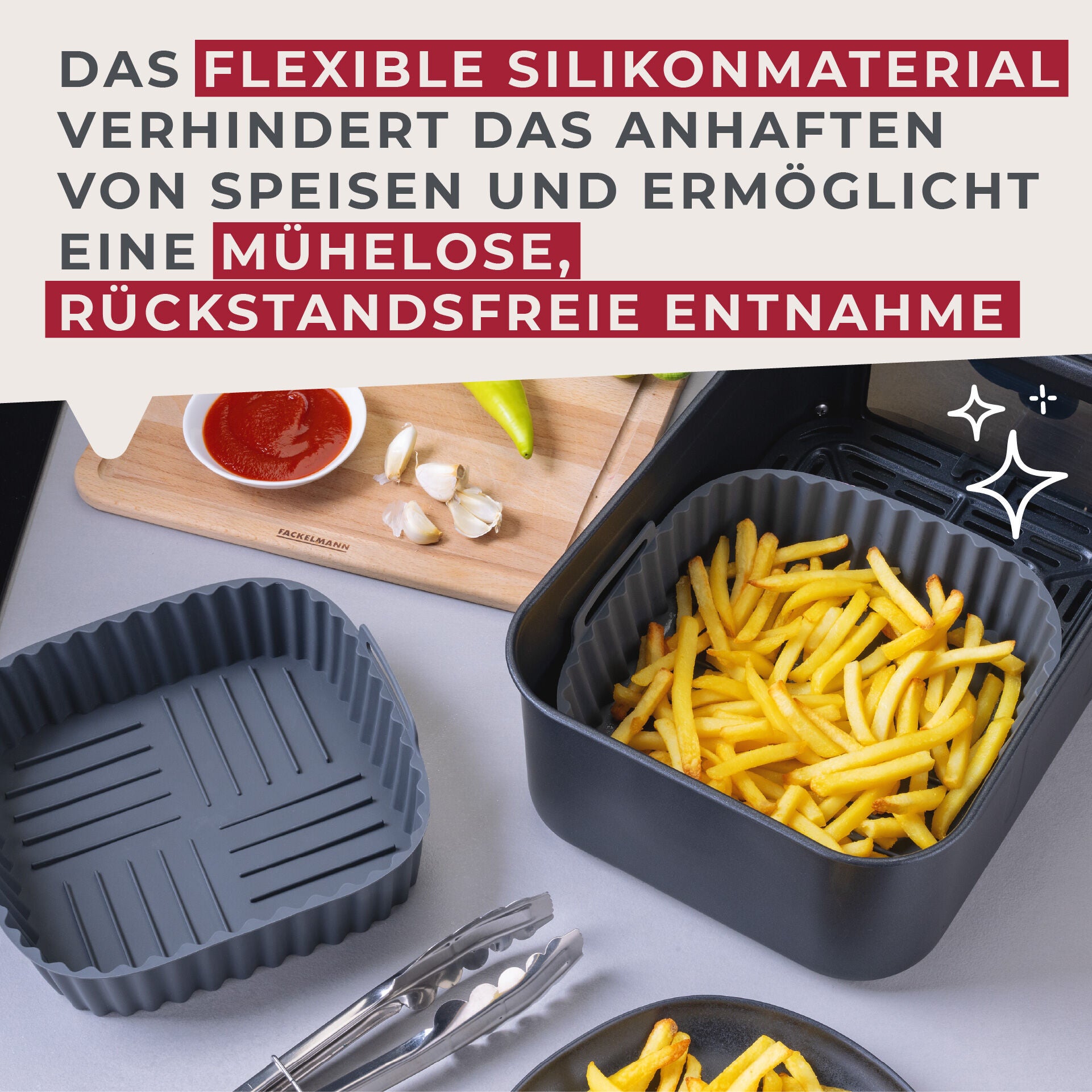 Silikonform for airfryer firkantet 19x19x5 cm med mat i
