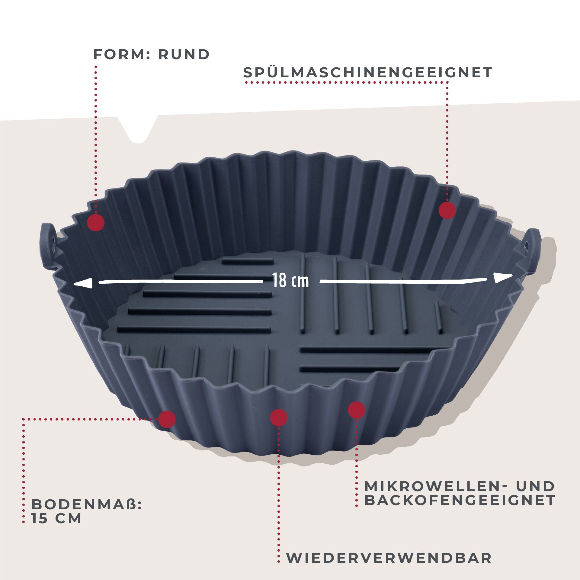 Nærbilde av silikonmateriale på Silikonform for airfryer rund Ø15 cm riflet bunn - Fackelmann
