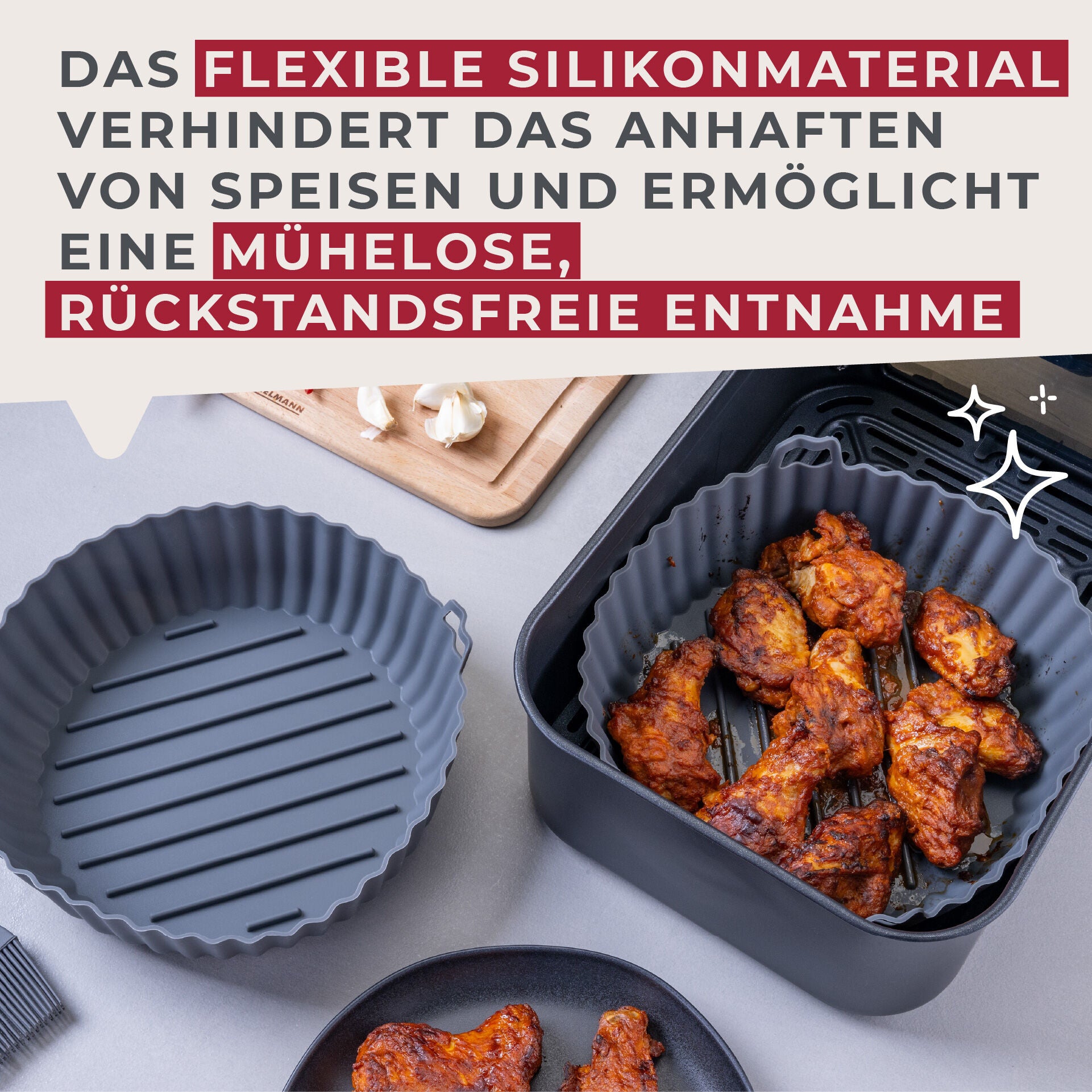 Silikonform for airfryer rund Ø19 cm grå - Fackelmann med mat