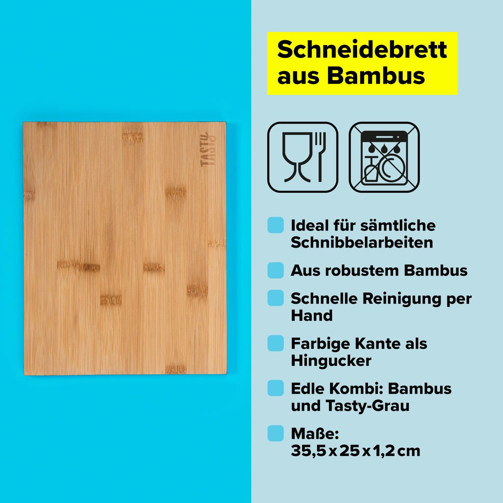 Skjærefjøl bambus 35,5x25 cm med grå kant - Tasty montert på kjøkkenbenk