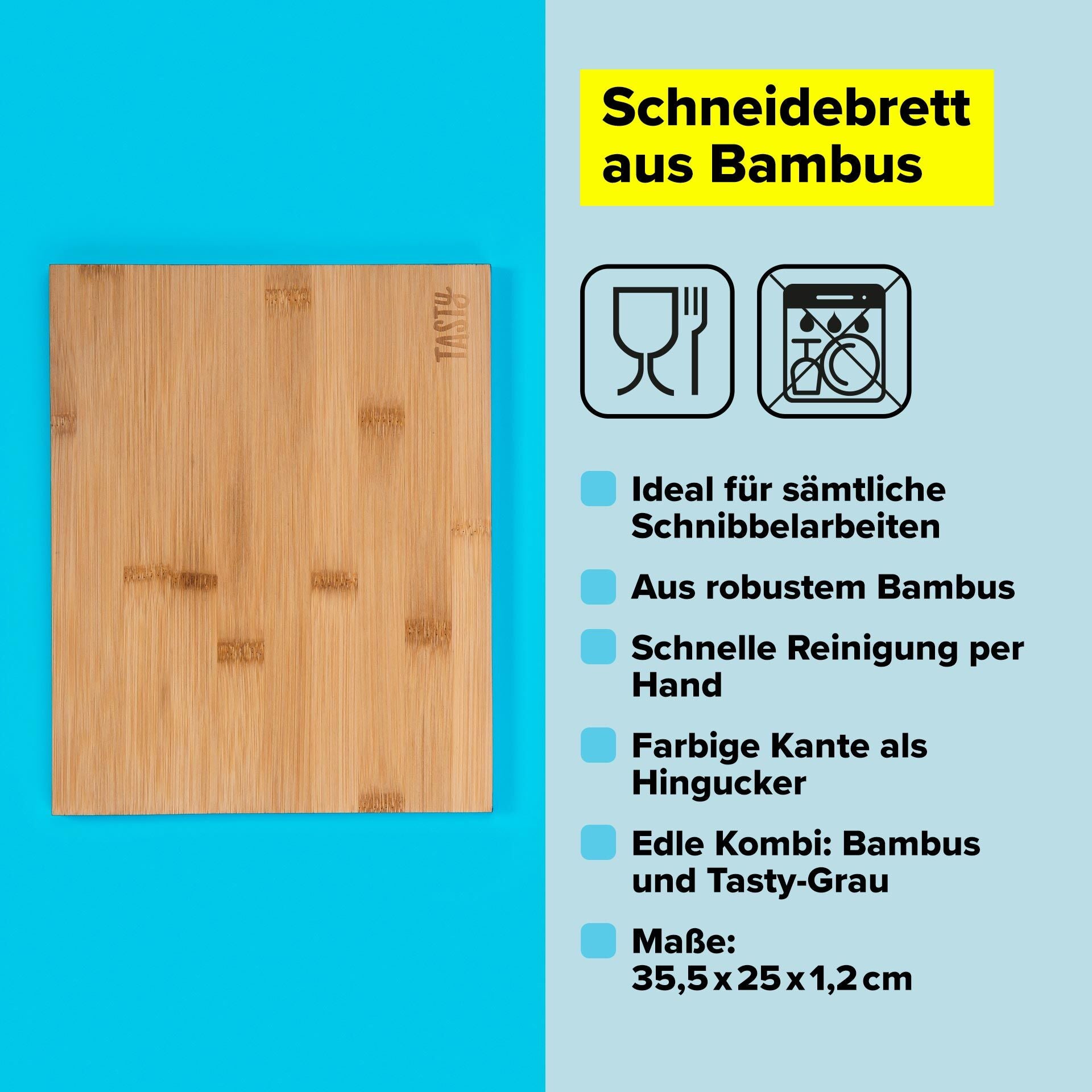 Skjærefjøl bambus 35,5x25 cm med grå kant - Tasty montert på kjøkkenbenk