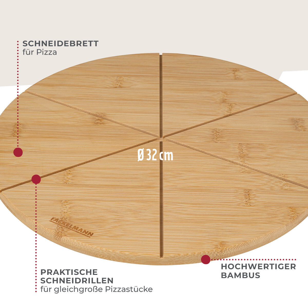 Detalj av pizzainndeling på Skjærefjøl bambus Ø32 cm med pizzainndeling - Fackelmann