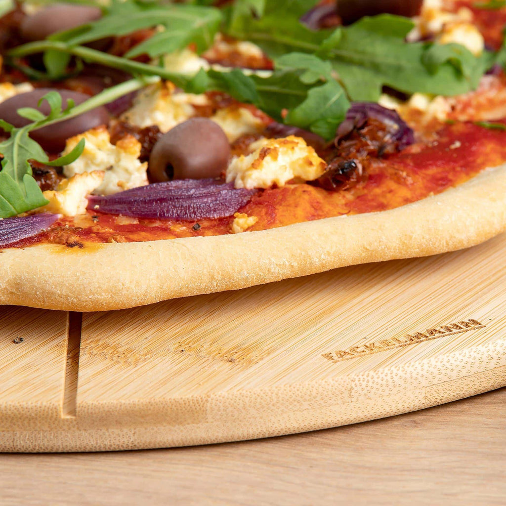 Skjærefjøl bambus Ø32 cm med pizzainndeling - Fackelmann detalj av kant