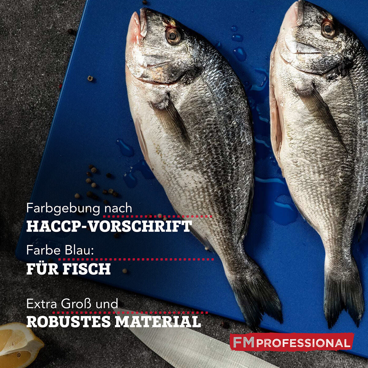 Nærbilde av Skjærefjøl HACCP fisk blå 45×30 cm plast