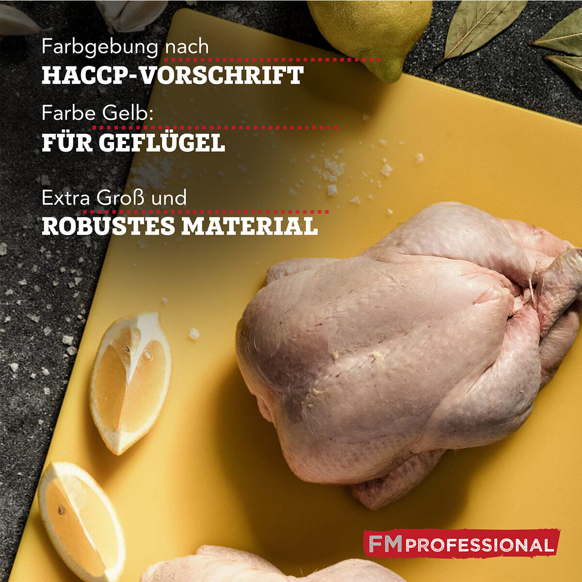 Nærbilde av overflate på Skjærefjøl HACCP for fjærkre 45x30 cm gul