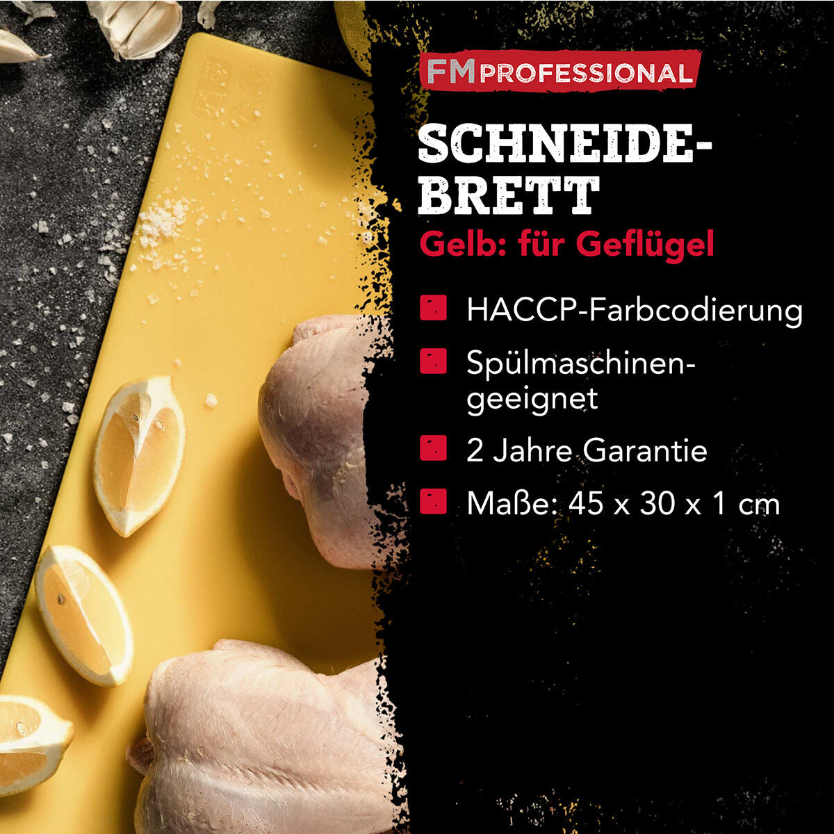 Skjærefjøl HACCP for fjærkre 45x30 cm gul i bruk med kjøtt