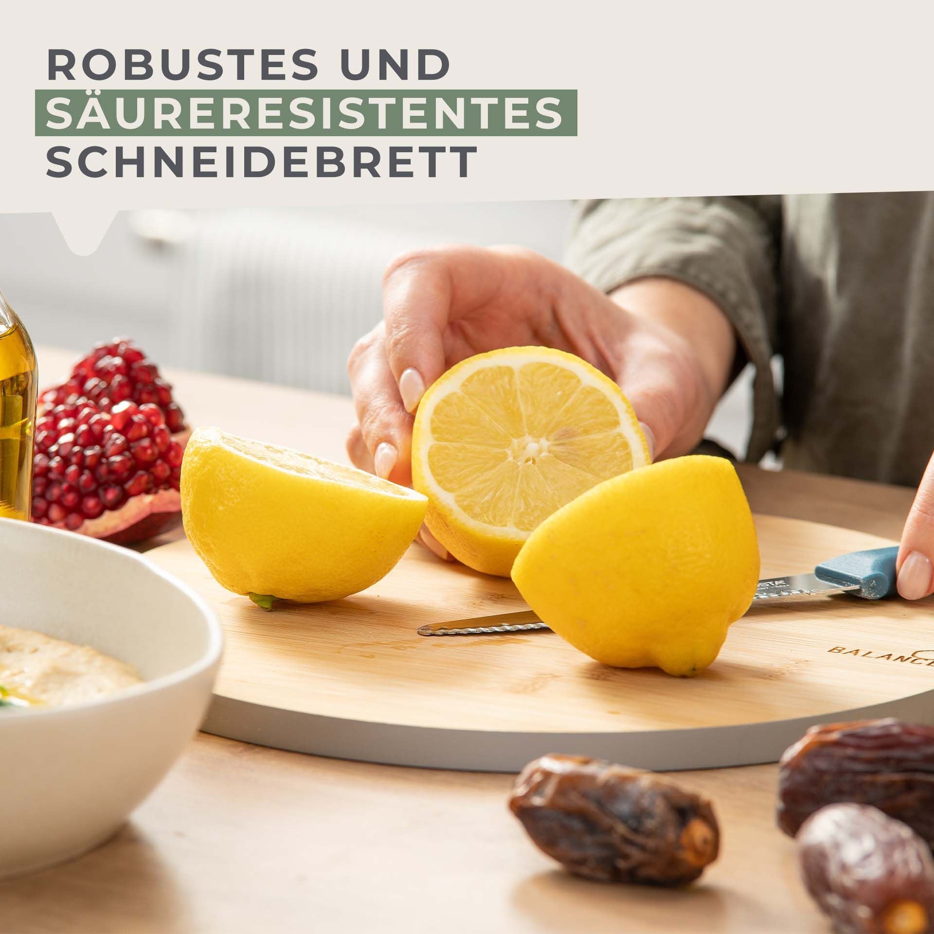 Skjærefjøl rund bambus Ø24 cm Balance - Fackelmann med ingredienser