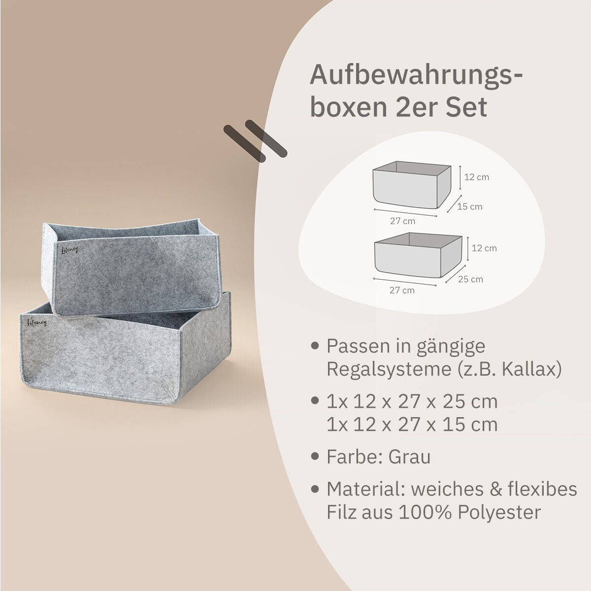 Montert Skufforganiserer filt grå 2-delt sett 27×25×12 cm i skuff
