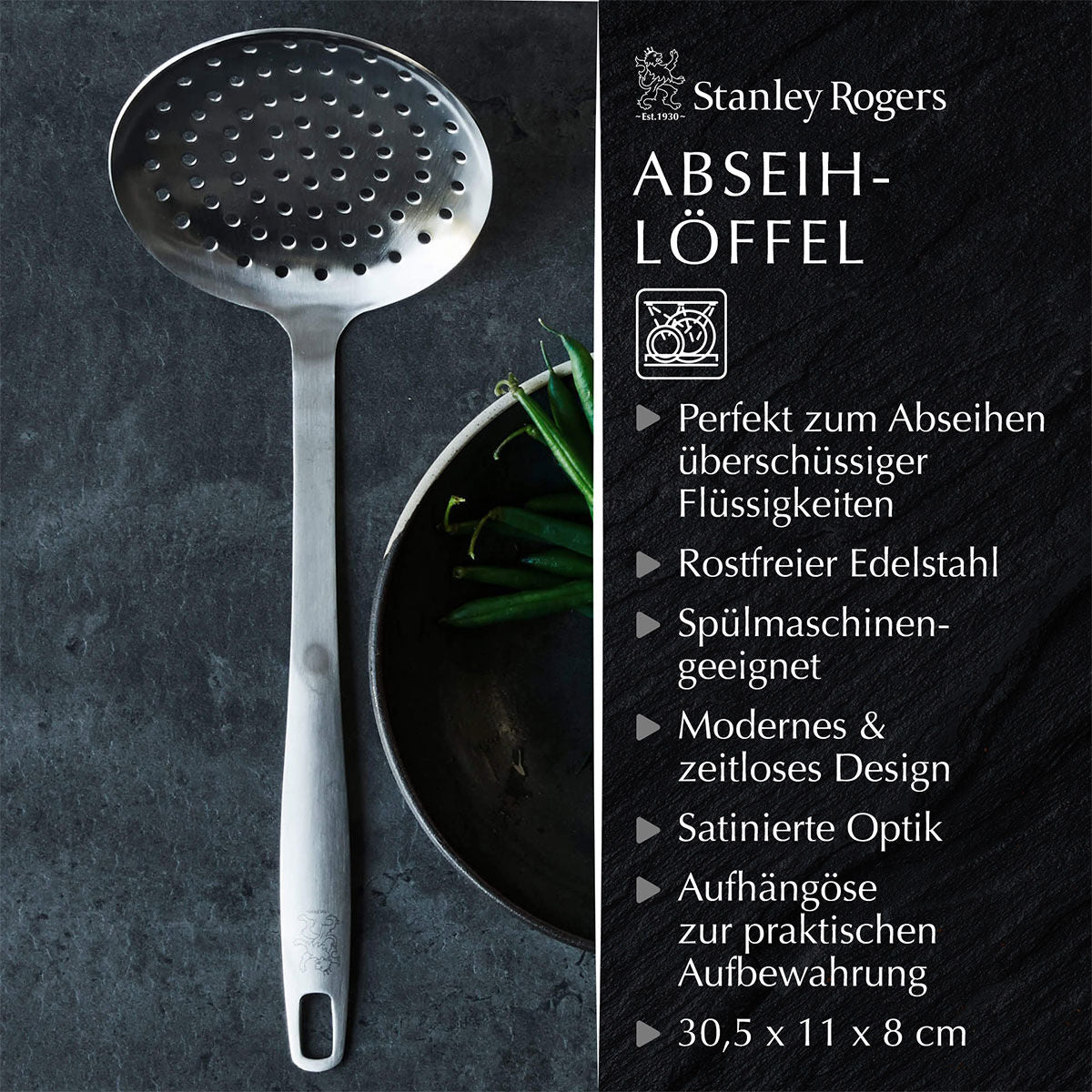 Nærbilde av håndtaket på Skumskje rustfritt stål 32 cm satinfinish