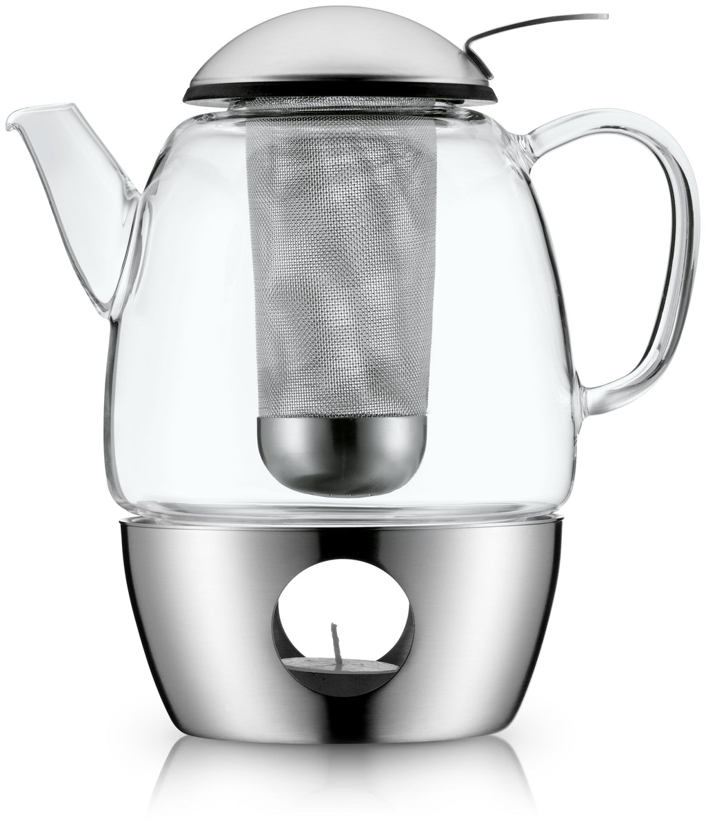 SmarTea tesett 3-delt med tekanne og støvchen i glass og stål detalj av silfilter