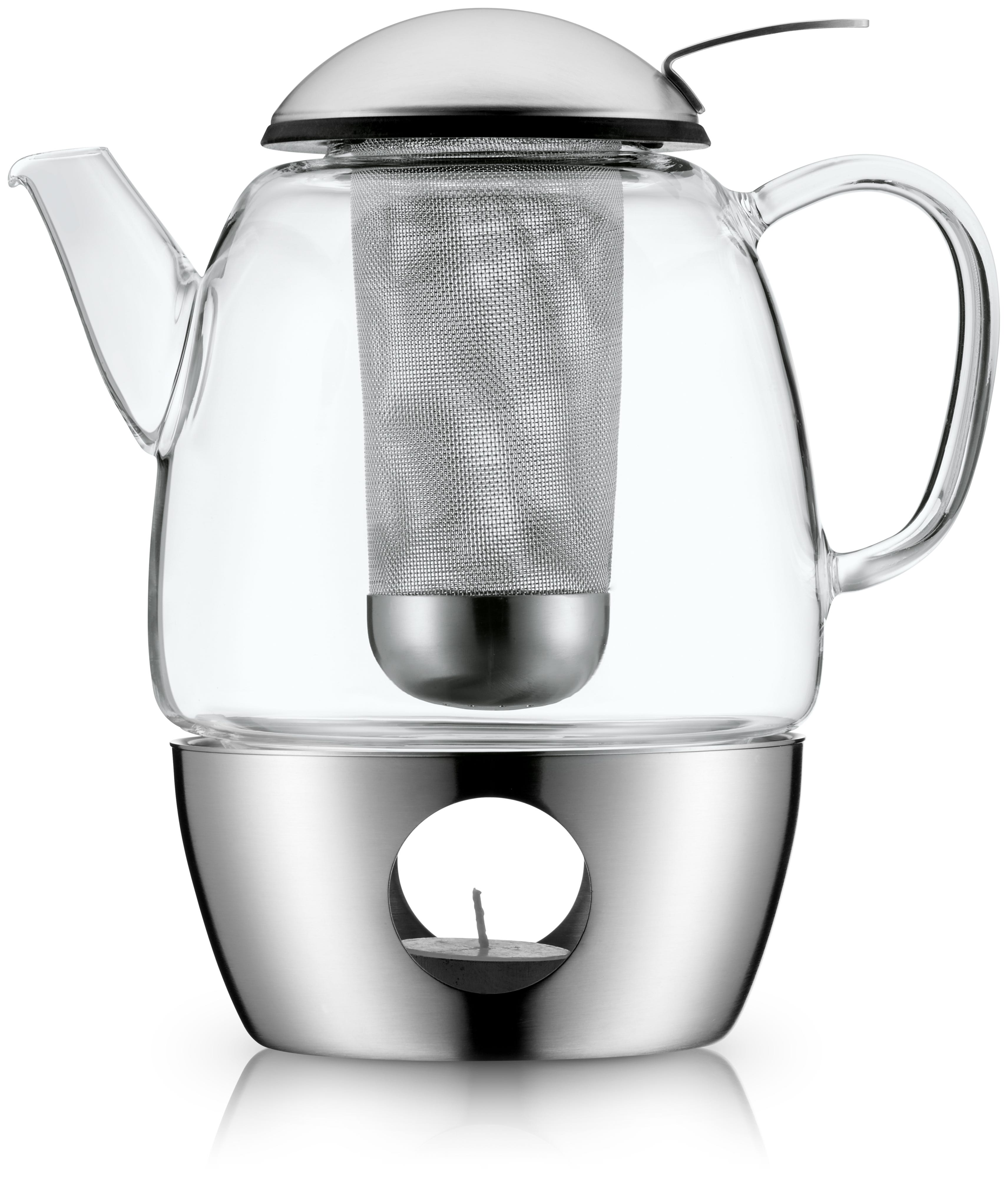 SmarTea tesett 3-delt med tekanne og støvchen i glass og stål detalj av silfilter