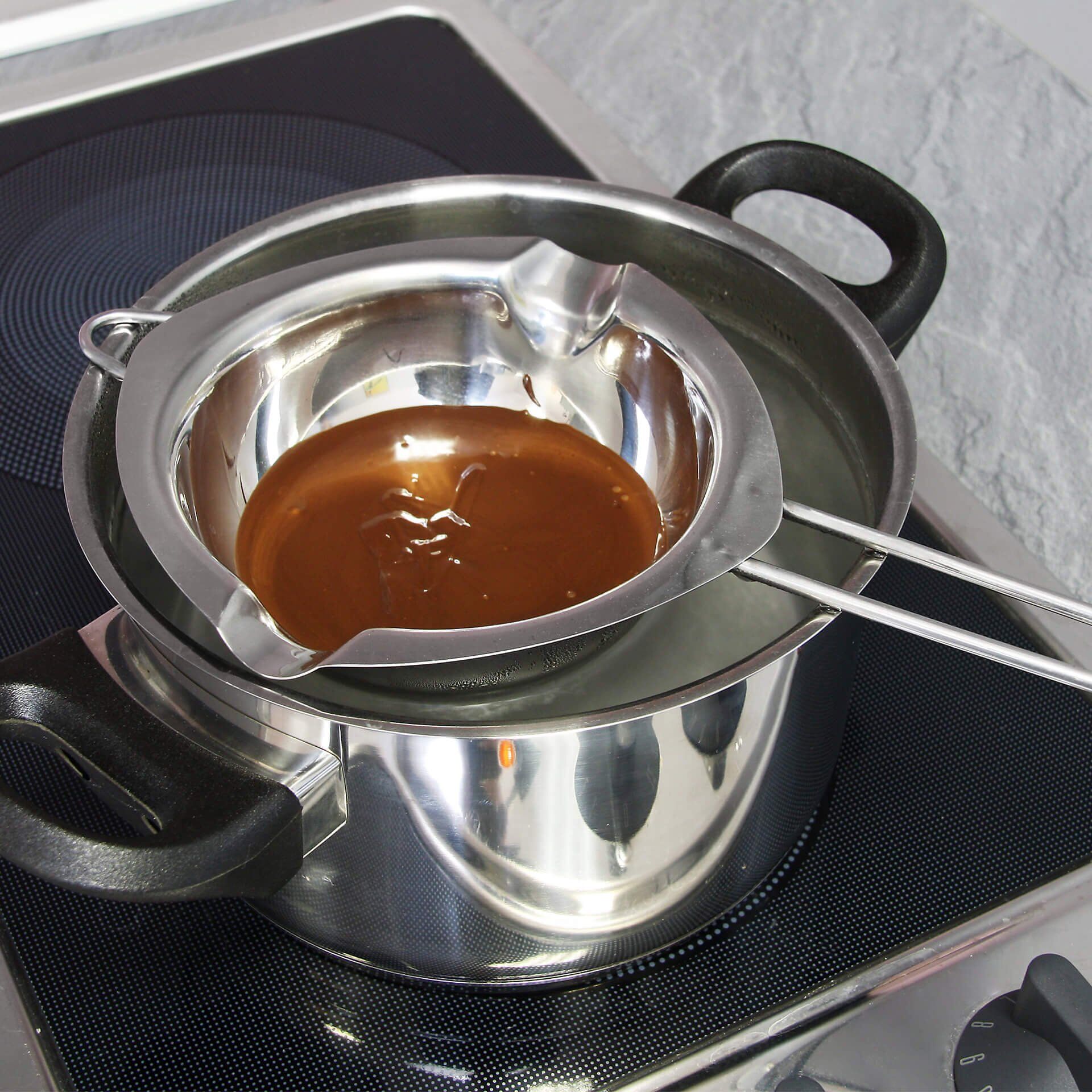 Smeltetopf rustfritt stål 225 ml for vannbad bakside
