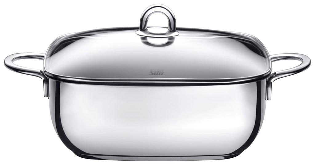 Smorgryte kvadratisk 29x29 cm med glasslokk non-stick keramikk montert på kokeplate