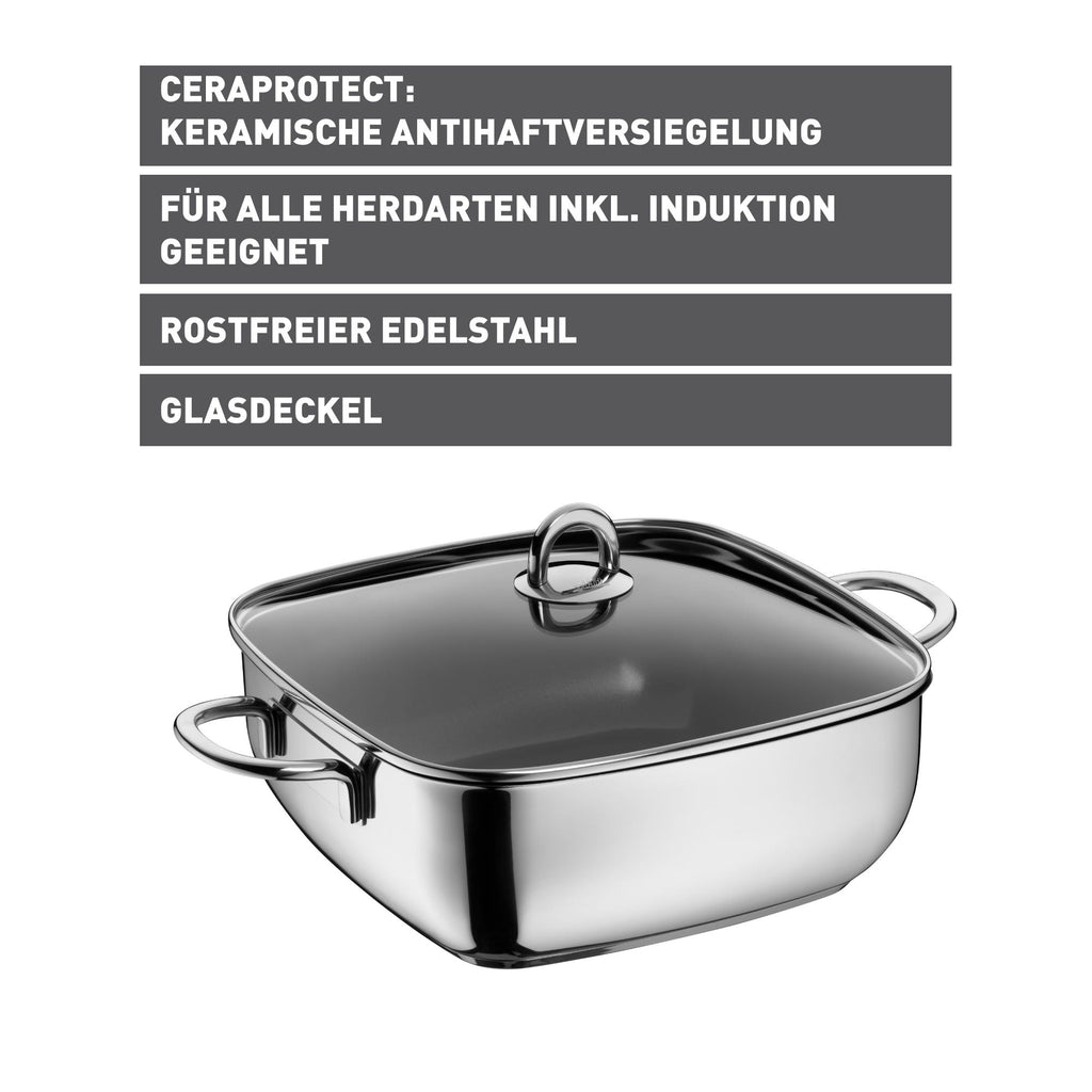 Nærbilde av hellekant på Smorgryte kvadratisk 29x29 cm med glasslokk non-stick keramikk
