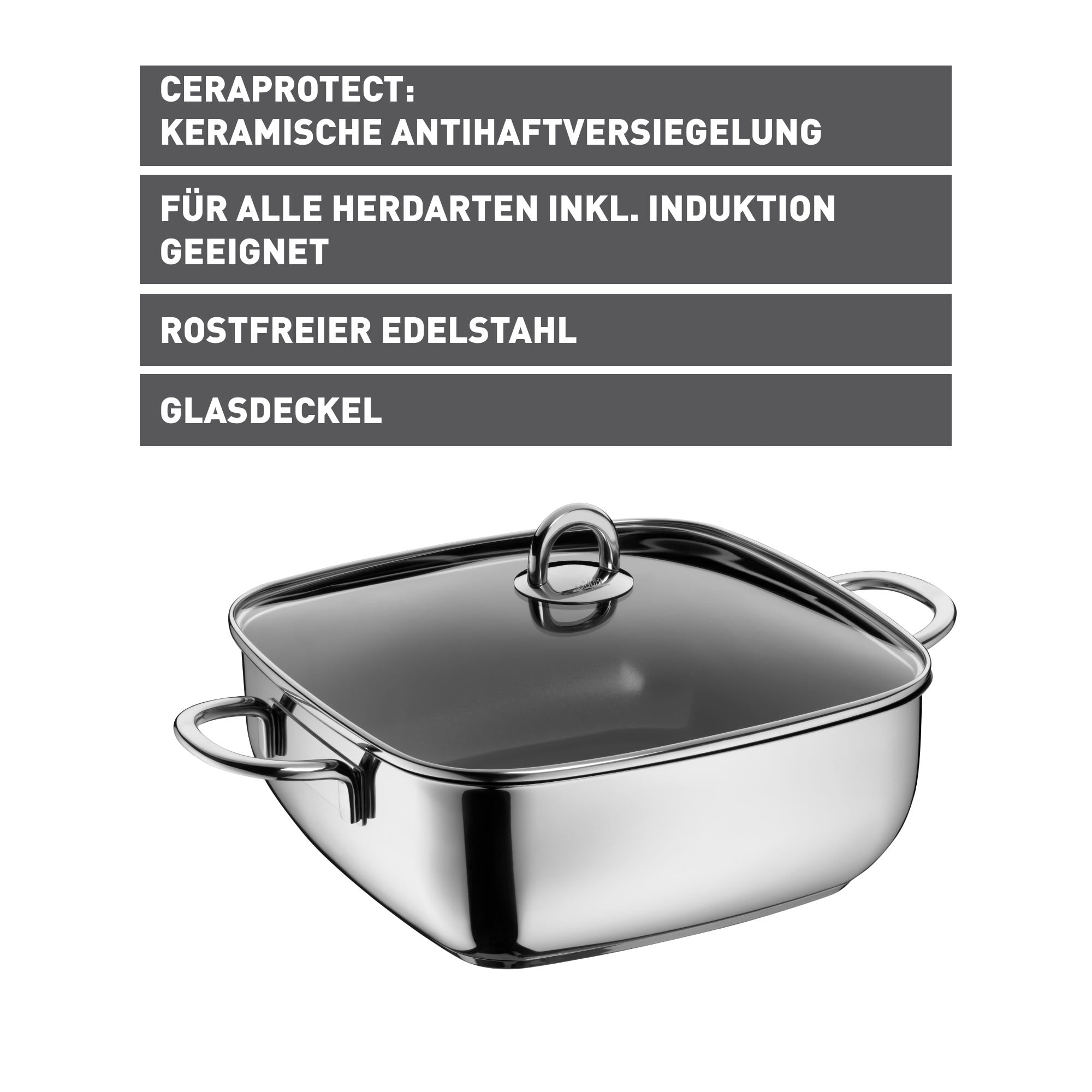 Nærbilde av hellekant på Smorgryte kvadratisk 29x29 cm med glasslokk non-stick keramikk