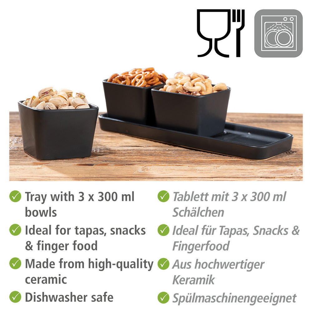 Bakside av snack- og dipskåler sett svart matt med brett Wenko