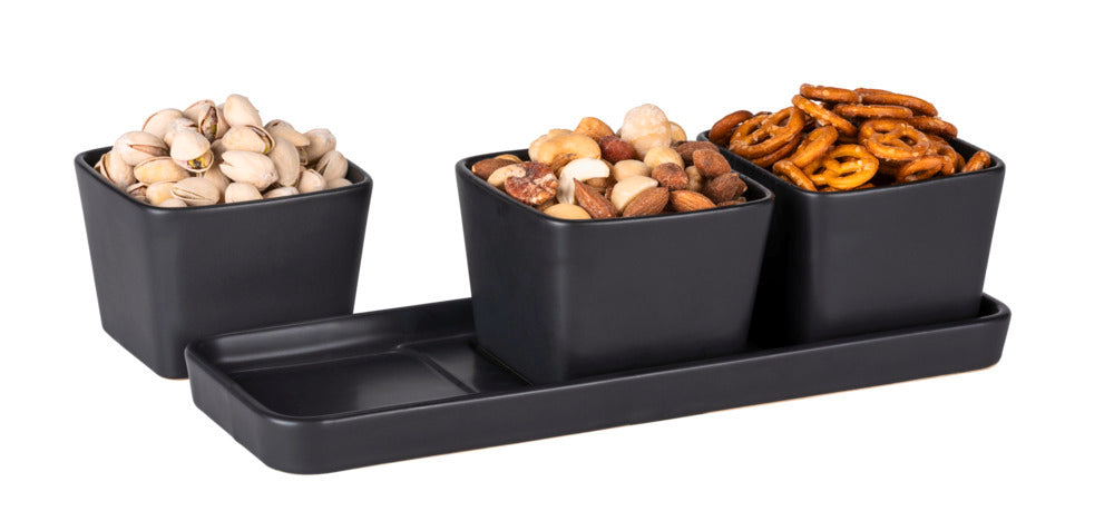 Oversikt av hele snack- og dipskåler sett svart matt med brett Wenko