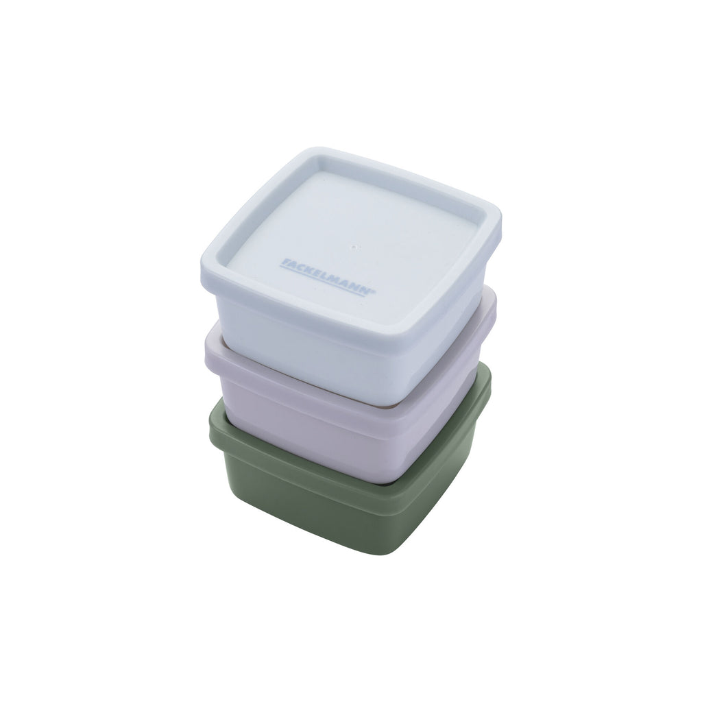 Snackboks firkantet 7x7 cm plast 3-delt sett forfra