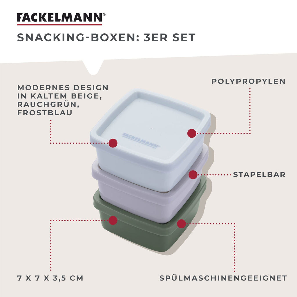 Snackboks firkantet 7x7 cm plast 3-delt sett stablet