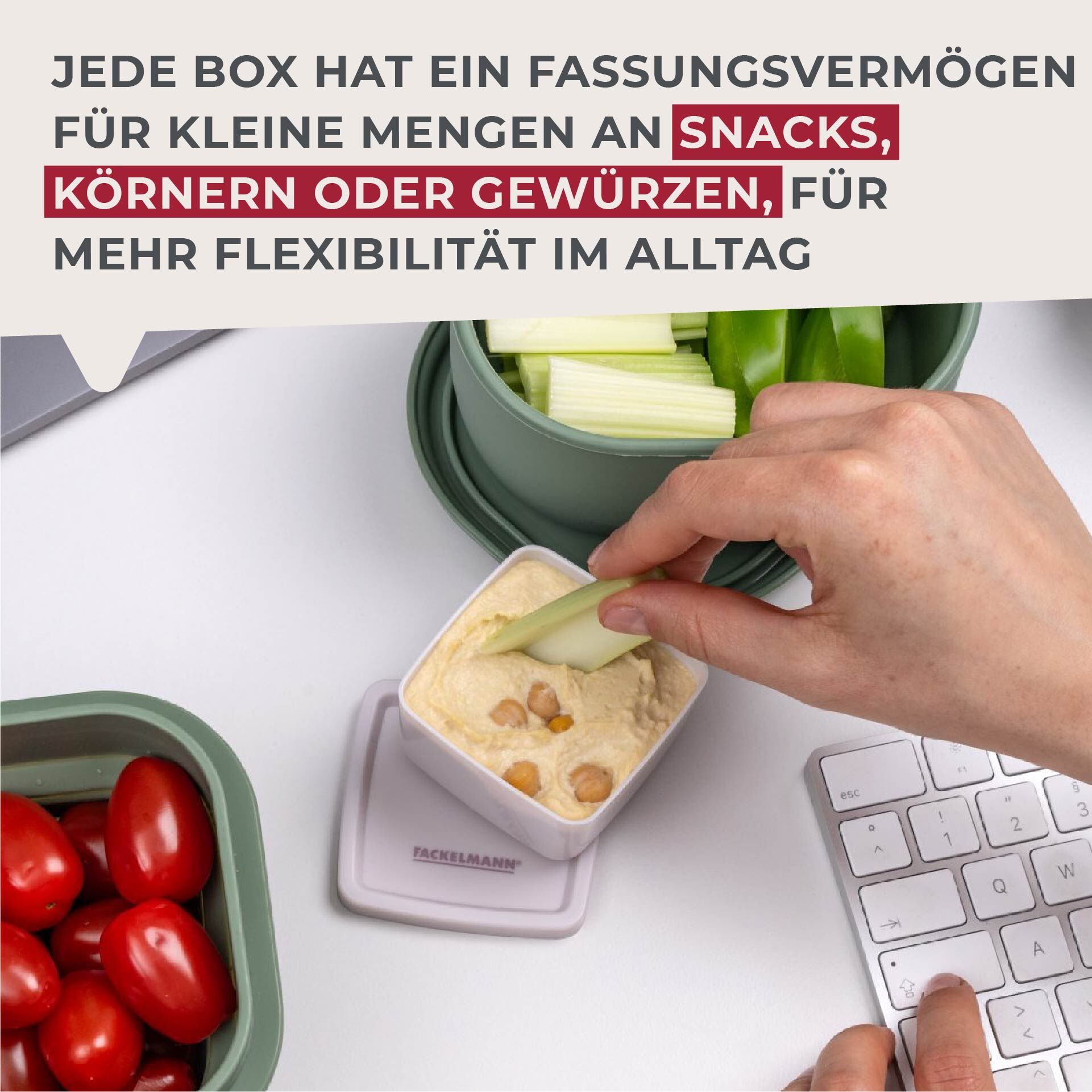 Snackboks firkantet 7x7 cm plast 3-delt sett i bruk
