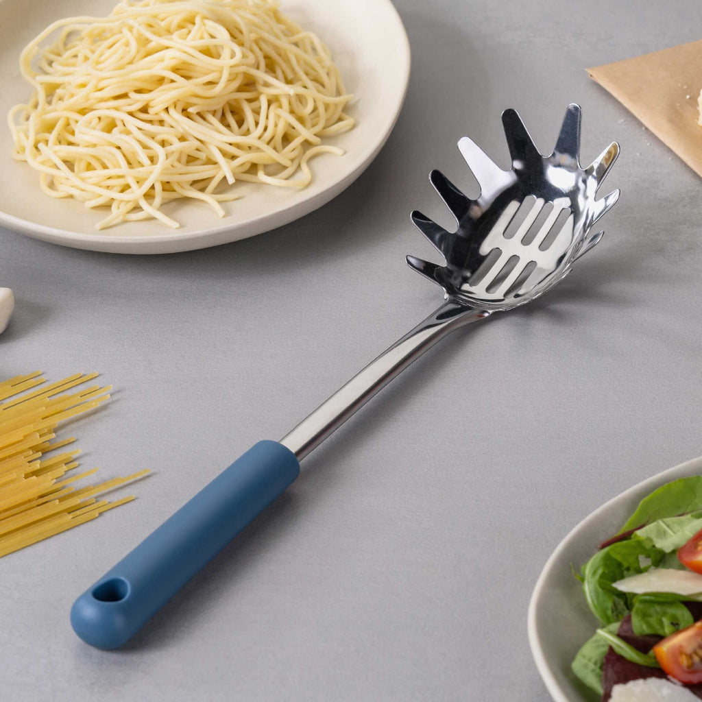 Spagettiskje blå plast og rustfritt stål 33 cm bakside