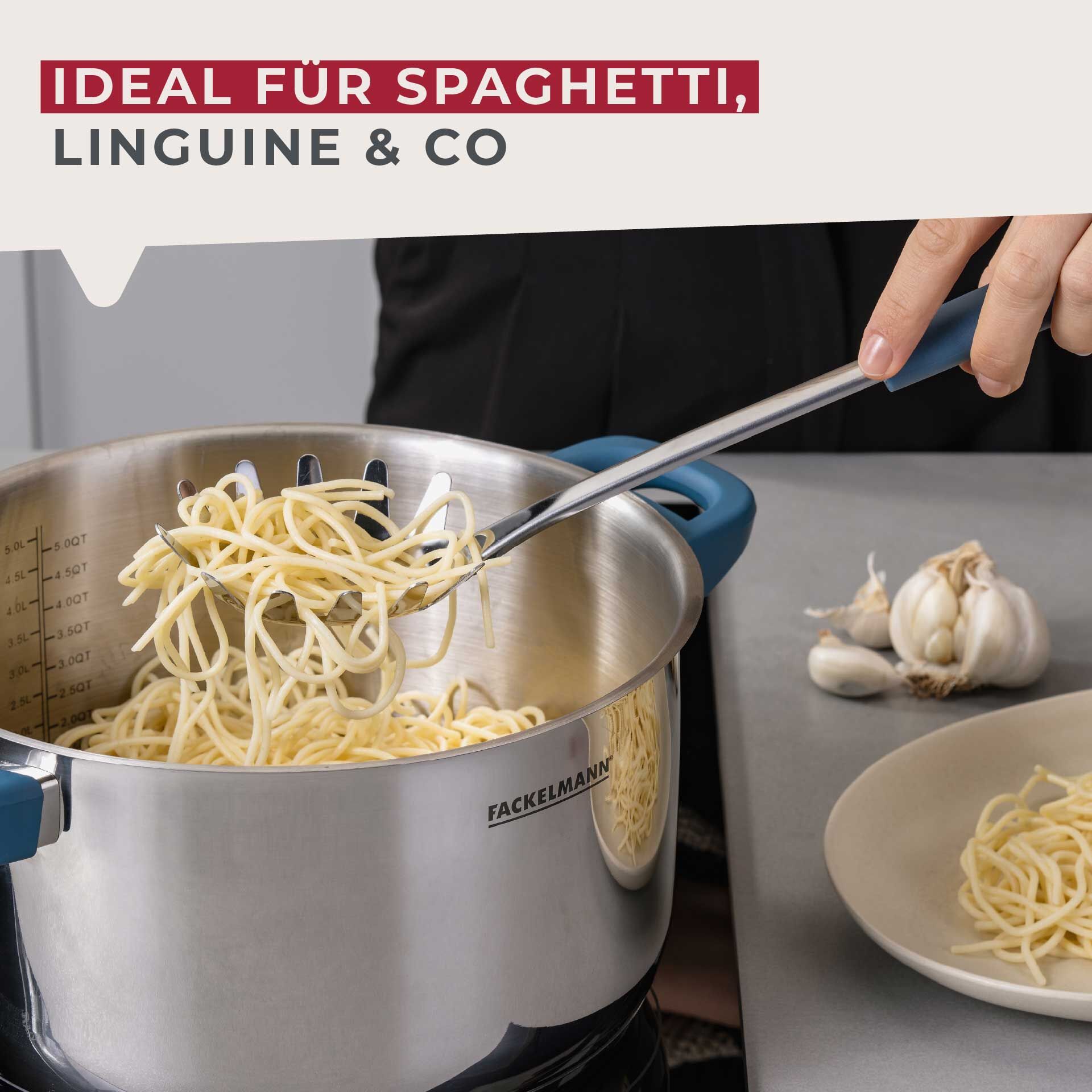 Spagettiskje blå plast og rustfritt stål 33 cm liggende