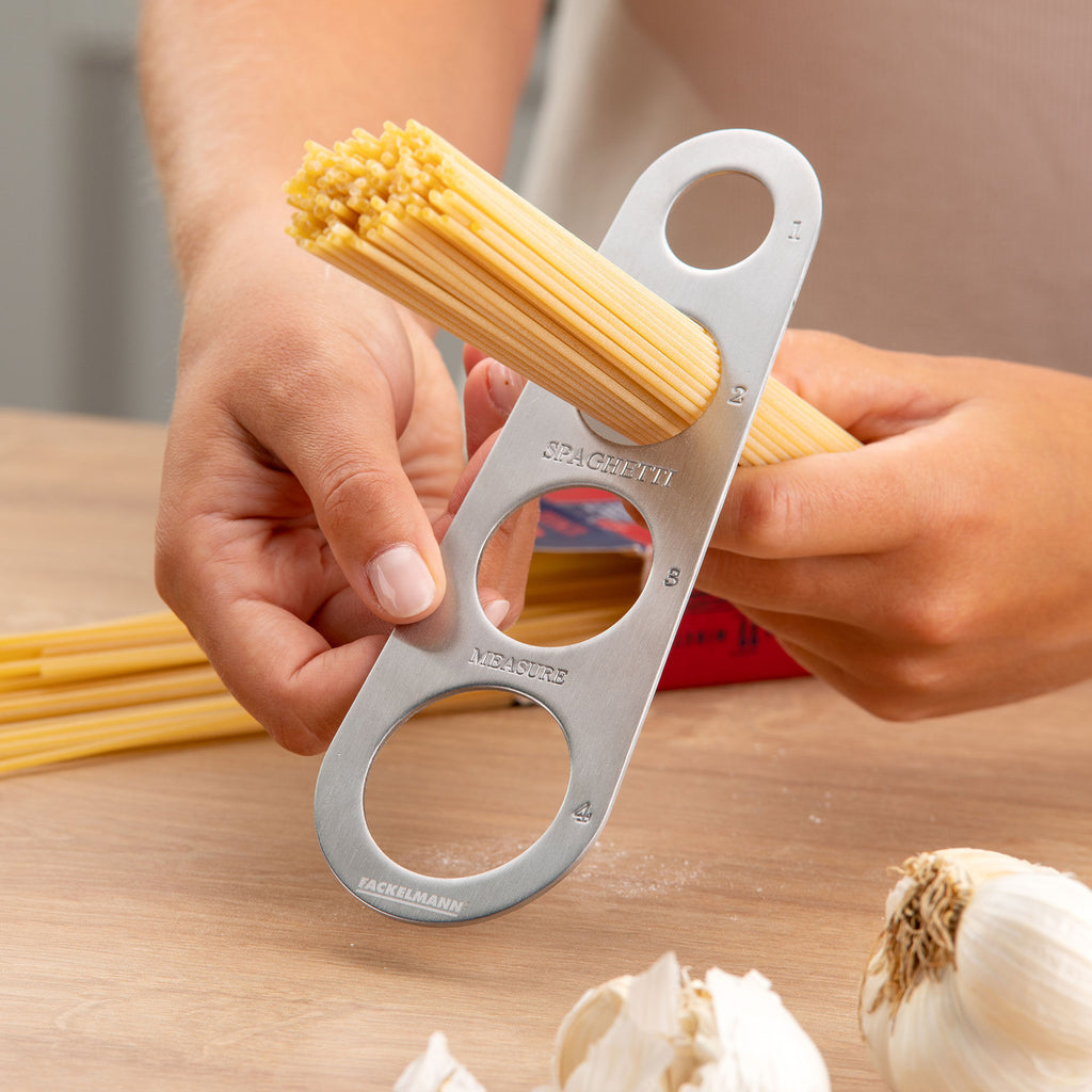 Spaghettimål rustfritt stål med porsjonsmåler bakside