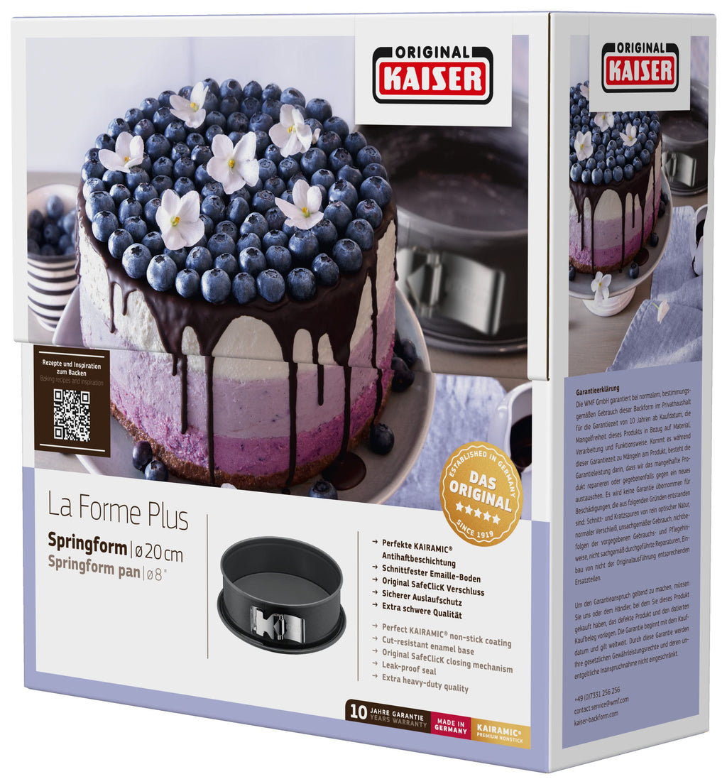 Springform 20 cm med SafeClick non-stick La Forme Plus med kake på fat