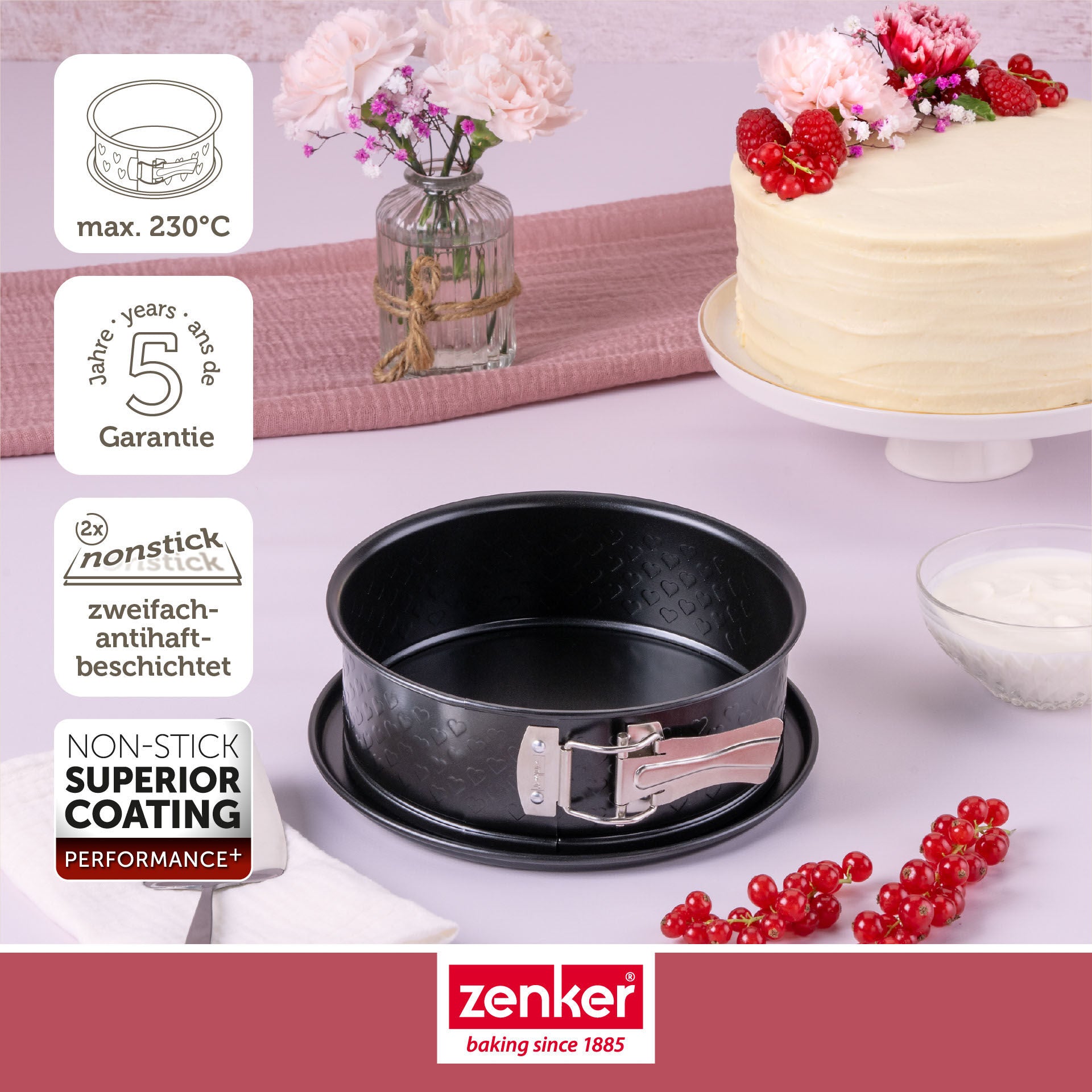 Detalj av hjerteprydet kant på Springform med flat bunn non-stick Ø18 cm hjertemønster - Zenker