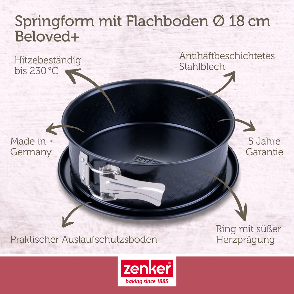 Springform med flat bunn non-stick Ø18 cm hjertemønster - Zenker montert med kake