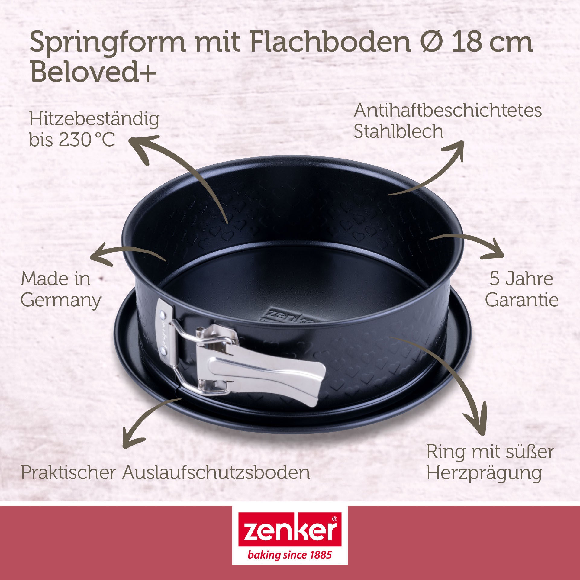 Springform med flat bunn non-stick Ø18 cm hjertemønster - Zenker montert med kake