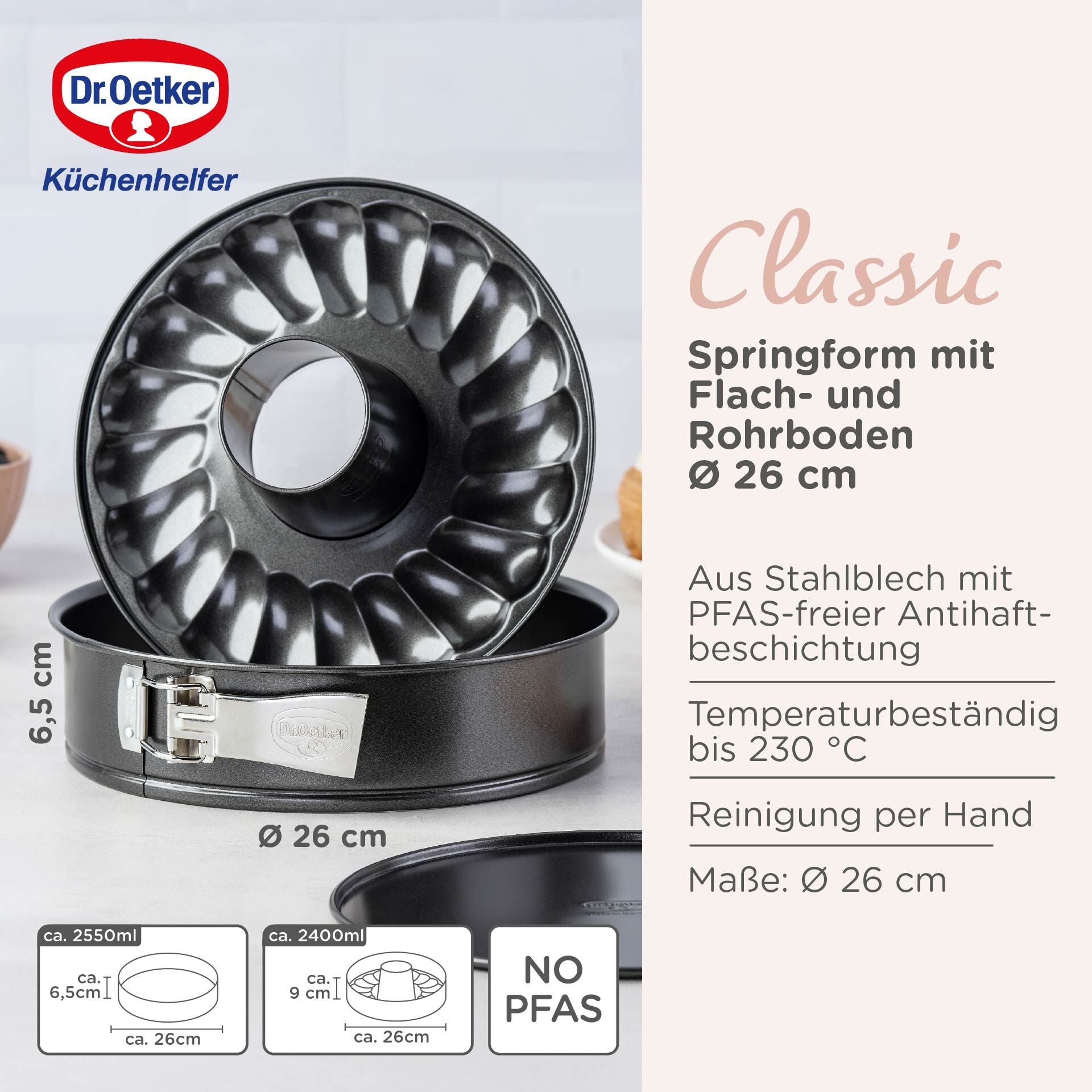 Springform med flat- og rørbunn Ø26 cm Dr. Oetker montert og klar til bruk