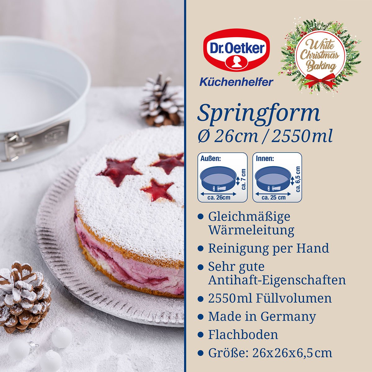 Springform hvit/grå Ø26 cm til julebakst - Dr. Oetker med åpnet springlås