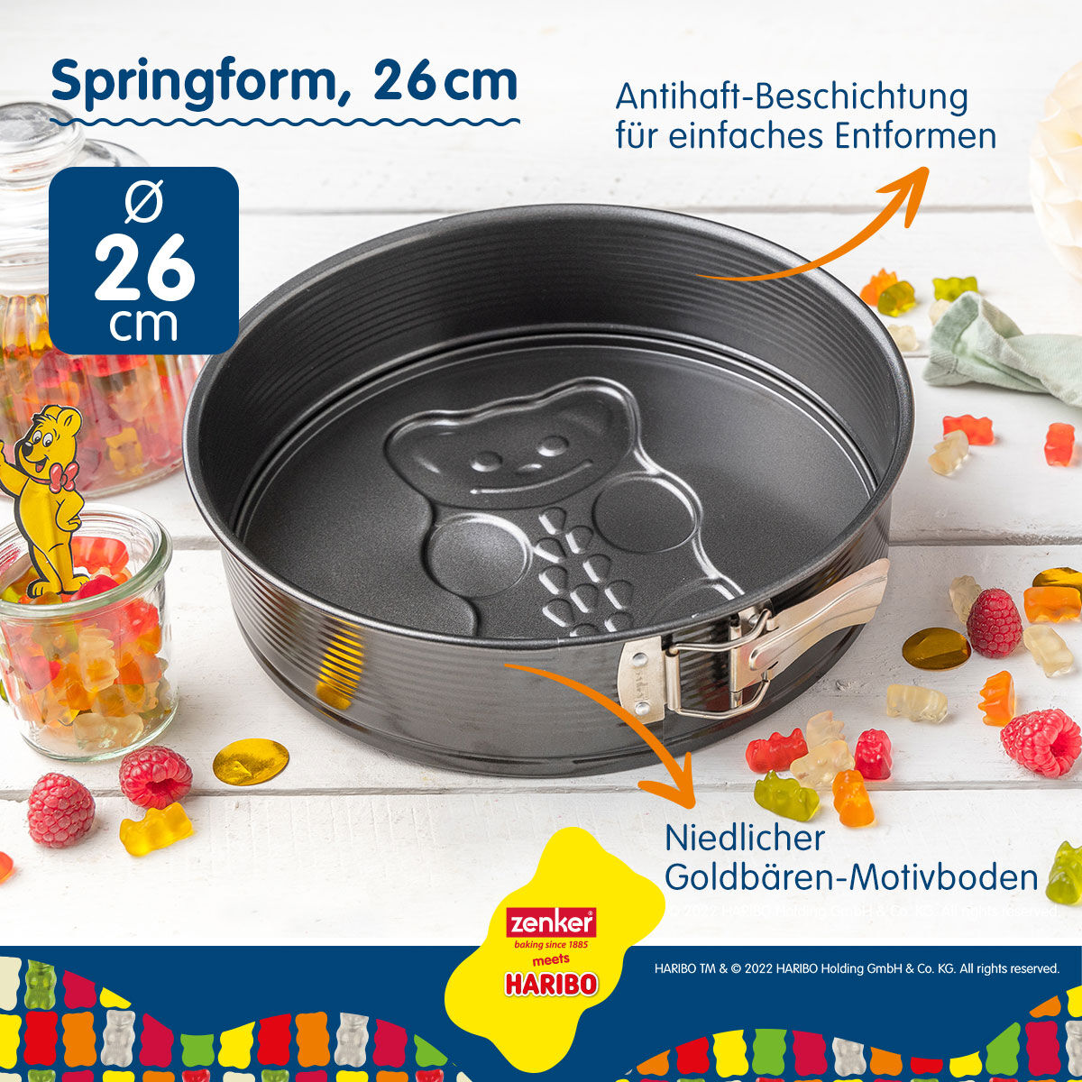 Springform med motivbunn HARIBO Gullbjørn Ø26 cm non-stick med kake