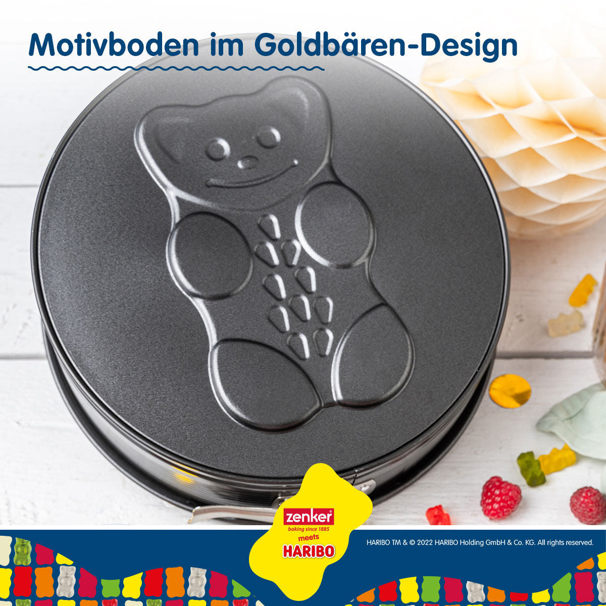 Springform med motivbunn HARIBO Gullbjørn Ø26 cm non-stick bruk på kjøkkenbenk