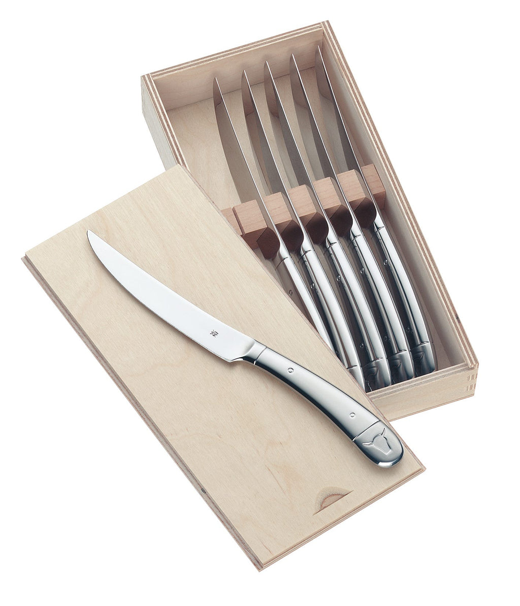 Steakkniver sett 6 deler polert Cromargan 18 10 23 cm WMF nærbilde av håndtak