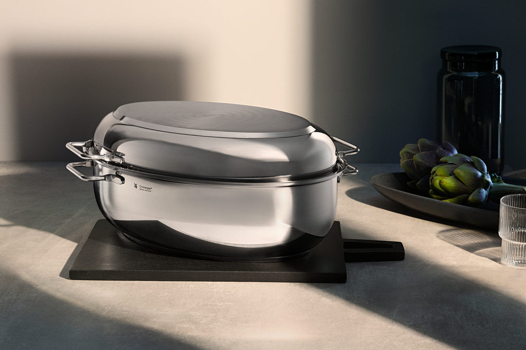 Pakkeboks til Stekegryte oval rustfritt stål 8,5 L med lokk og steketermometer WMF